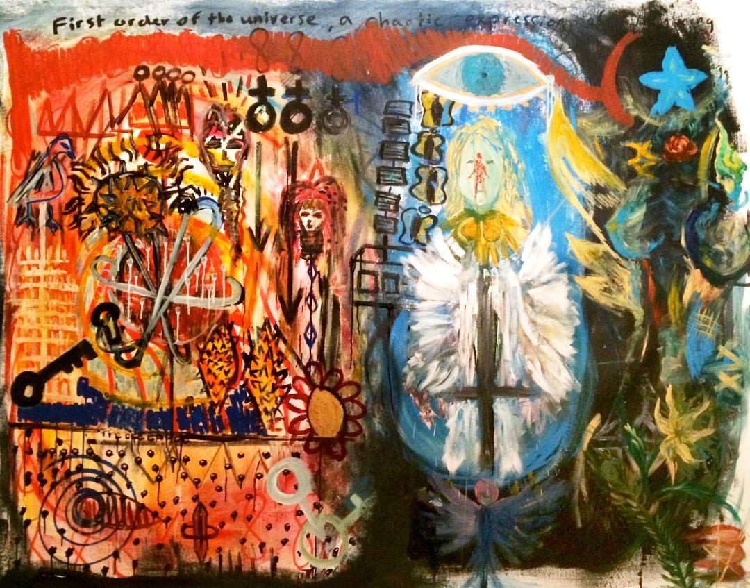 "The Angel", colorful, large neo expressionist mixed media painting