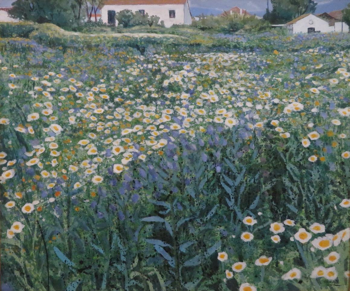 Original Spanish or French oil painting dating to the 1970's or early 1980's and depicting an abundance of wild daisies in a field with farmhouses in the distance. The work is signed 'Lucas' but we have been unable to ascertain the full artist as