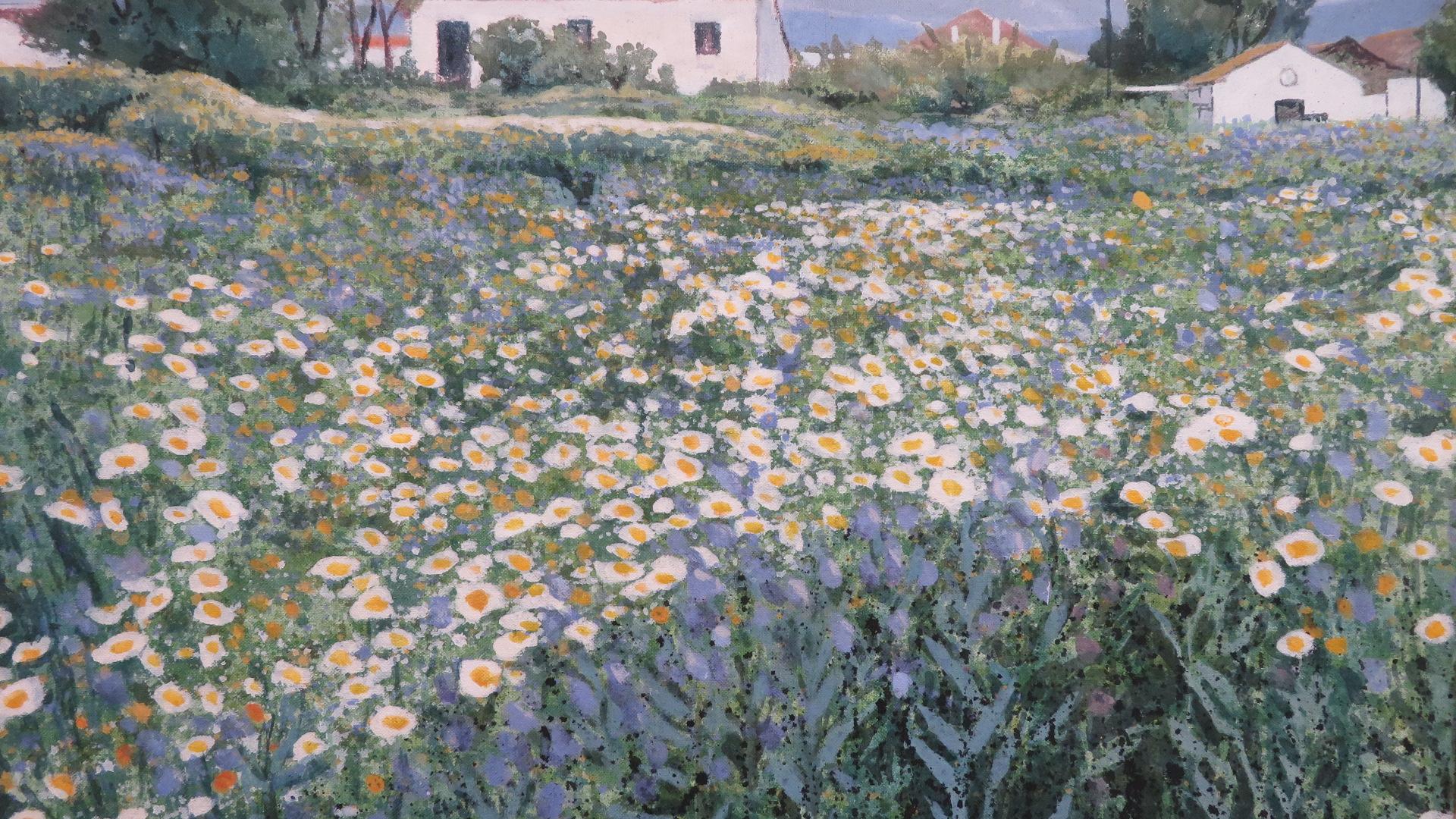 French Spanish Signed Mid 20th Century Impressionist Oil Painting FLOWER FIELD 1