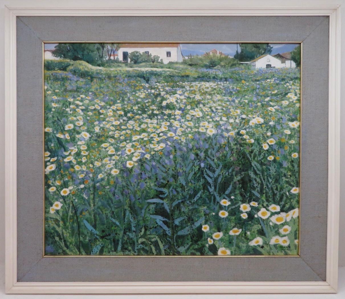 LUCAS Landscape Painting - French Spanish Signed Mid 20th Century Impressionist Oil Painting FLOWER FIELD