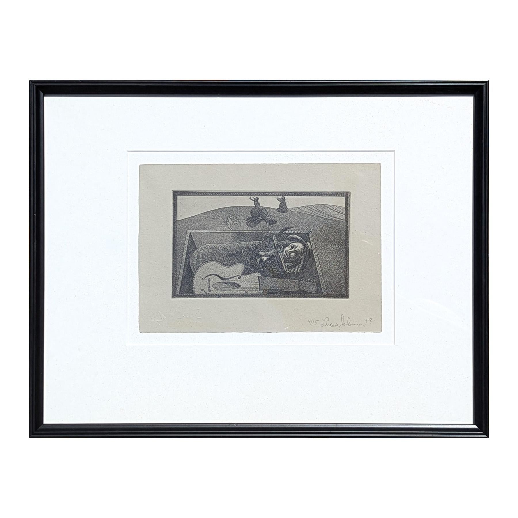Moderne Schwarz-Weiß- Surrealistische Radierung einer Figur und eines Gitarren in einem Grab Ed. 4/15 – Print von Lucas Johnson