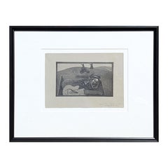 Moderna acquaforte surrealista in bianco e nero di una figura e una chitarra in una tomba Ed. 4/15