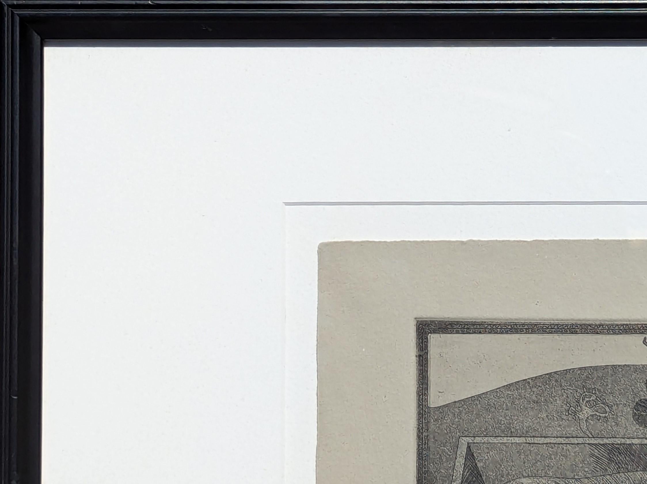 Moderne Schwarz-Weiß- Surrealistische Radierung einer Figur und eines Gitarren in einem Grab Ed. 4/15 (Grau), Landscape Print, von Lucas Johnson