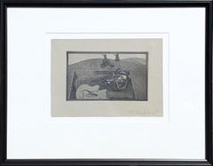 Grabado surrealista moderno en blanco y negro de una figura y una guitarra en una tumba Ed. 4/15