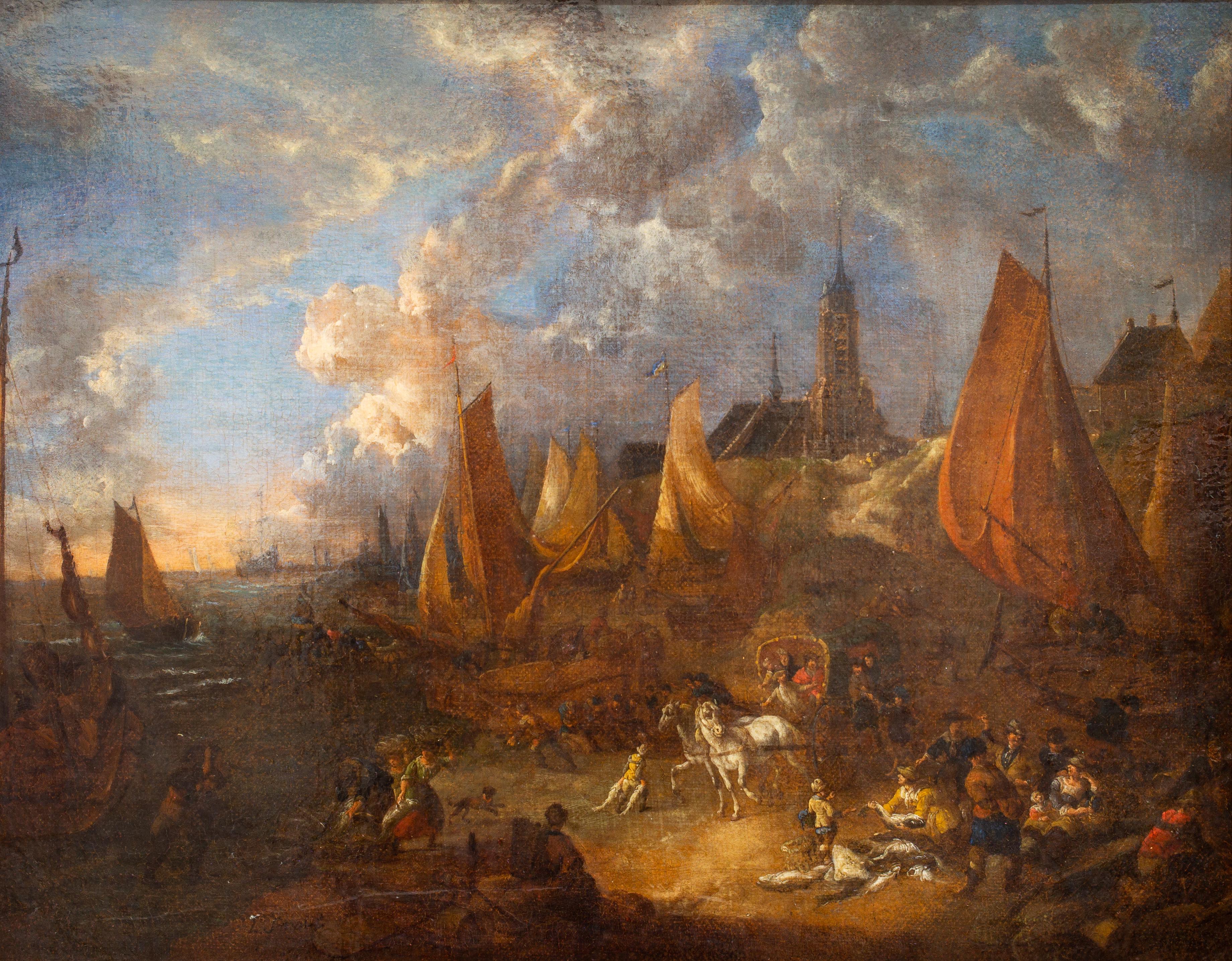 17th-cent, A Coastal Landscape With Travellers and Fishermen Selling Their Catch - Painting by Lucas Smout II