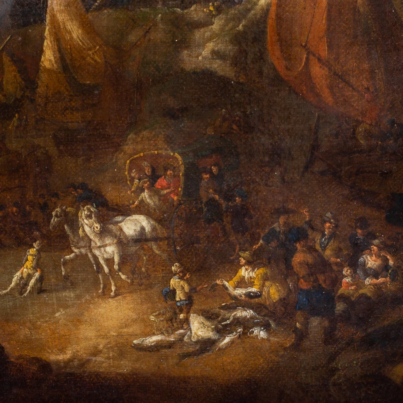 17th-cent, A Coastal Landscape With Travellers and Fishermen Selling Their Catch - Old Masters Painting by Lucas Smout II