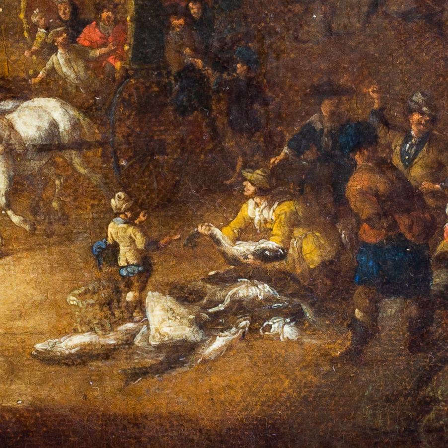 17th-cent, A Coastal Landscape With Travellers and Fishermen Selling Their Catch - Brown Figurative Painting by Lucas Smout II