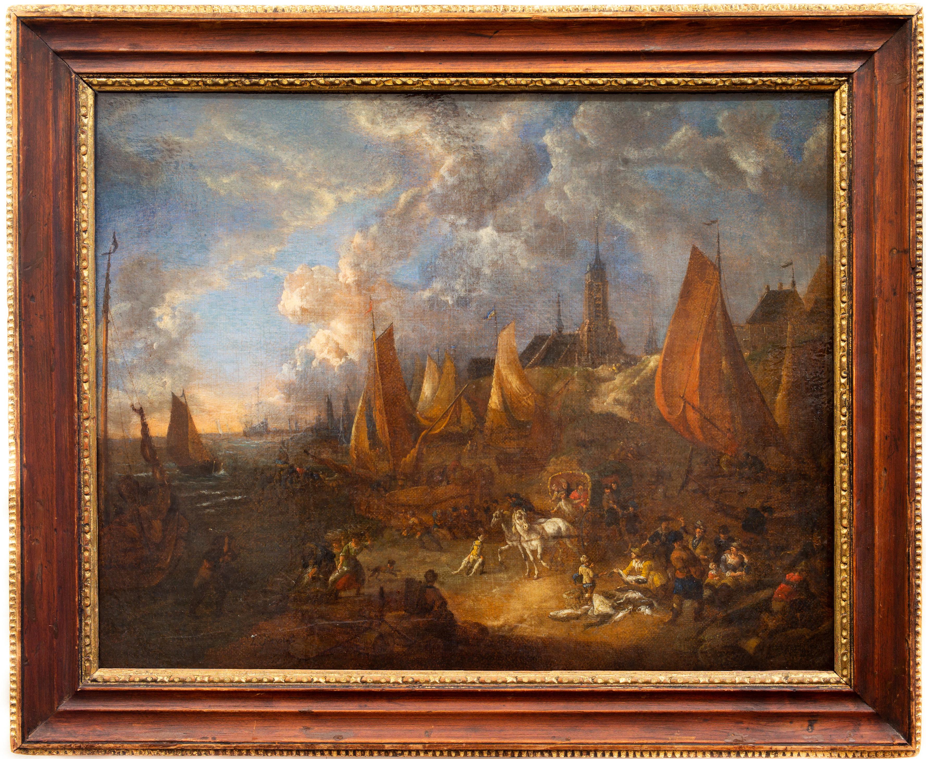 Lucas Smout II Figurative Painting - 17th-cent, A Coastal Landscape With Travellers and Fishermen Selling Their Catch