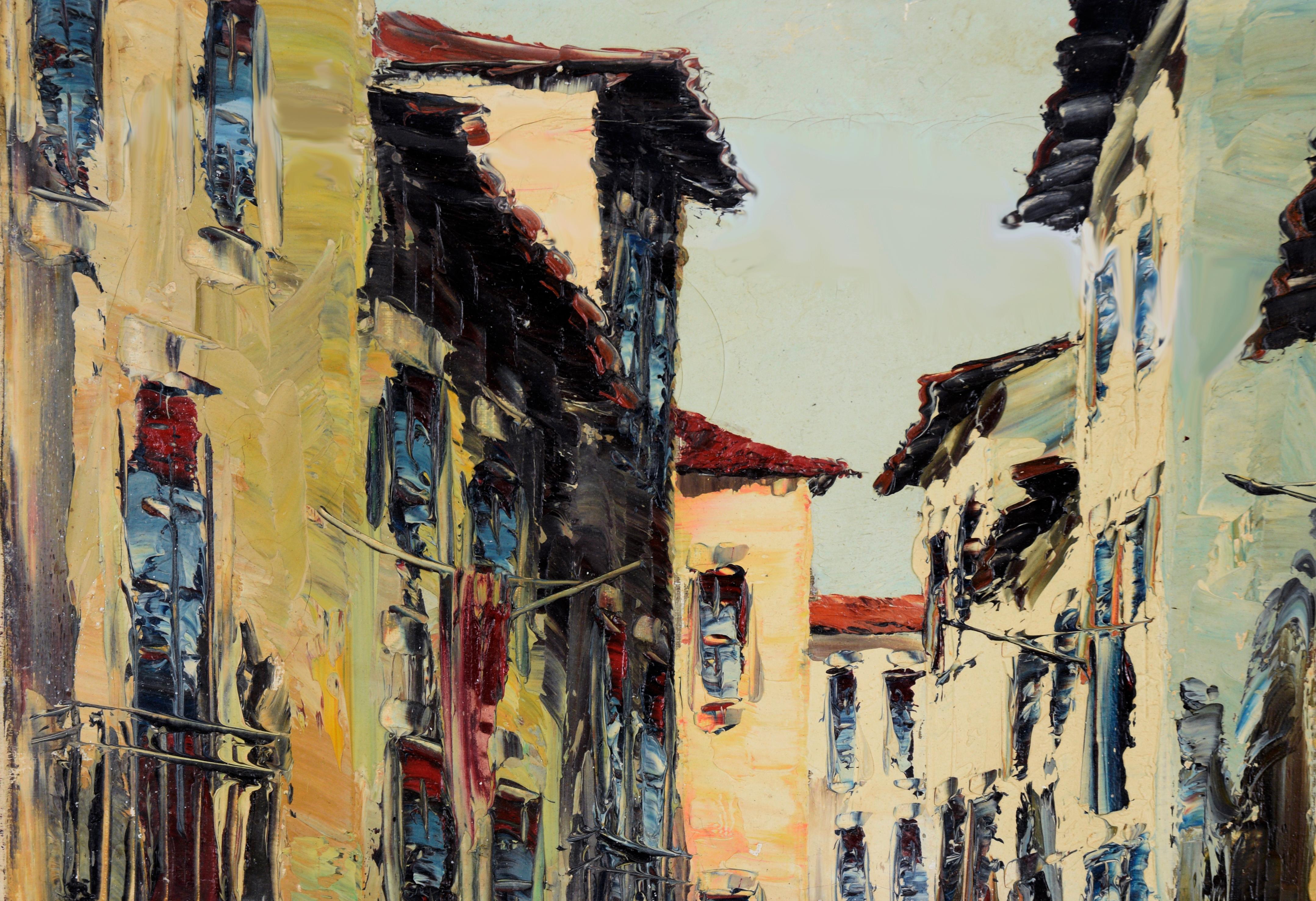 Portuguese Street Scene Vintage Oil on Canvas - Painting by Lucas Teixeira