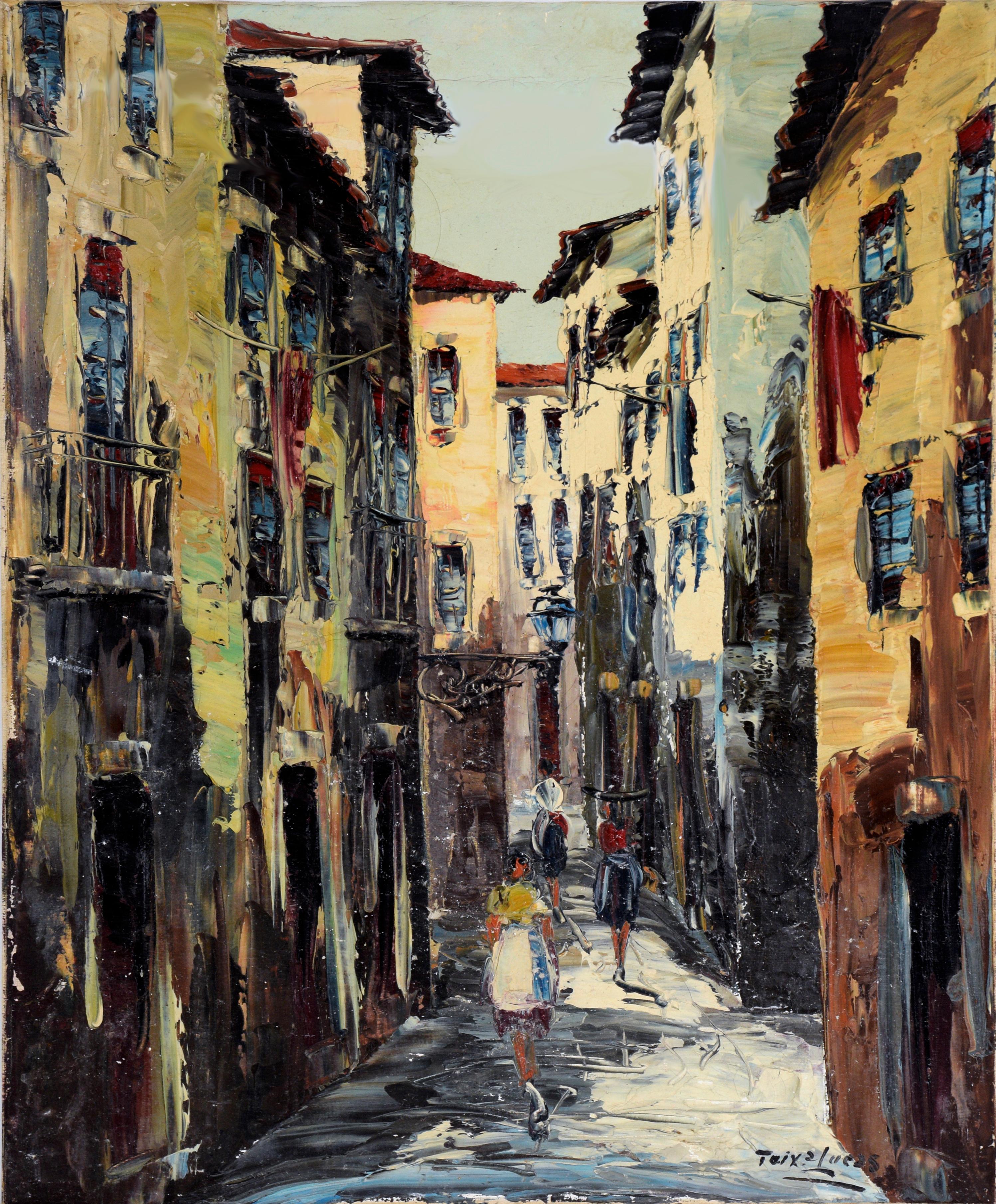 Lucas Teixeira Figurative Painting - Portuguese Street Scene Vintage Oil on Canvas