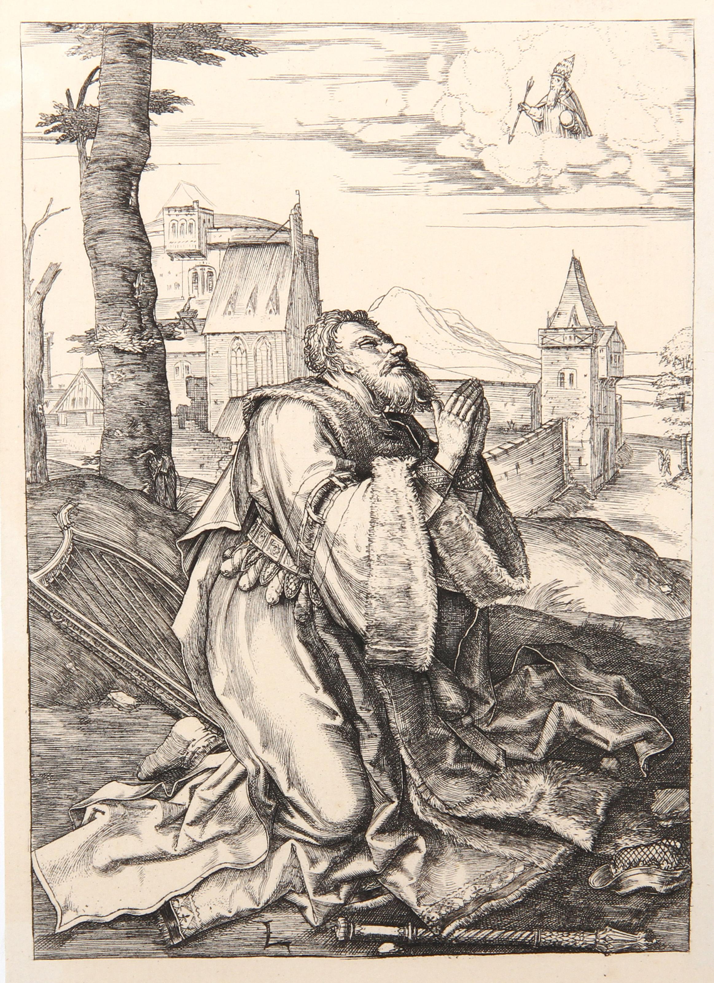 Artist: Lucas van Leyden, After by Amand Durand, Dutch (1494 - 1533) - David en Priere, Year: 1873, Medium: Heliogravure, Size: 7  x 4.75 in. (17.78  x 12.07 cm), Printer: Amand Durand, Description: French Engraver and painter Charles Amand Durand,
