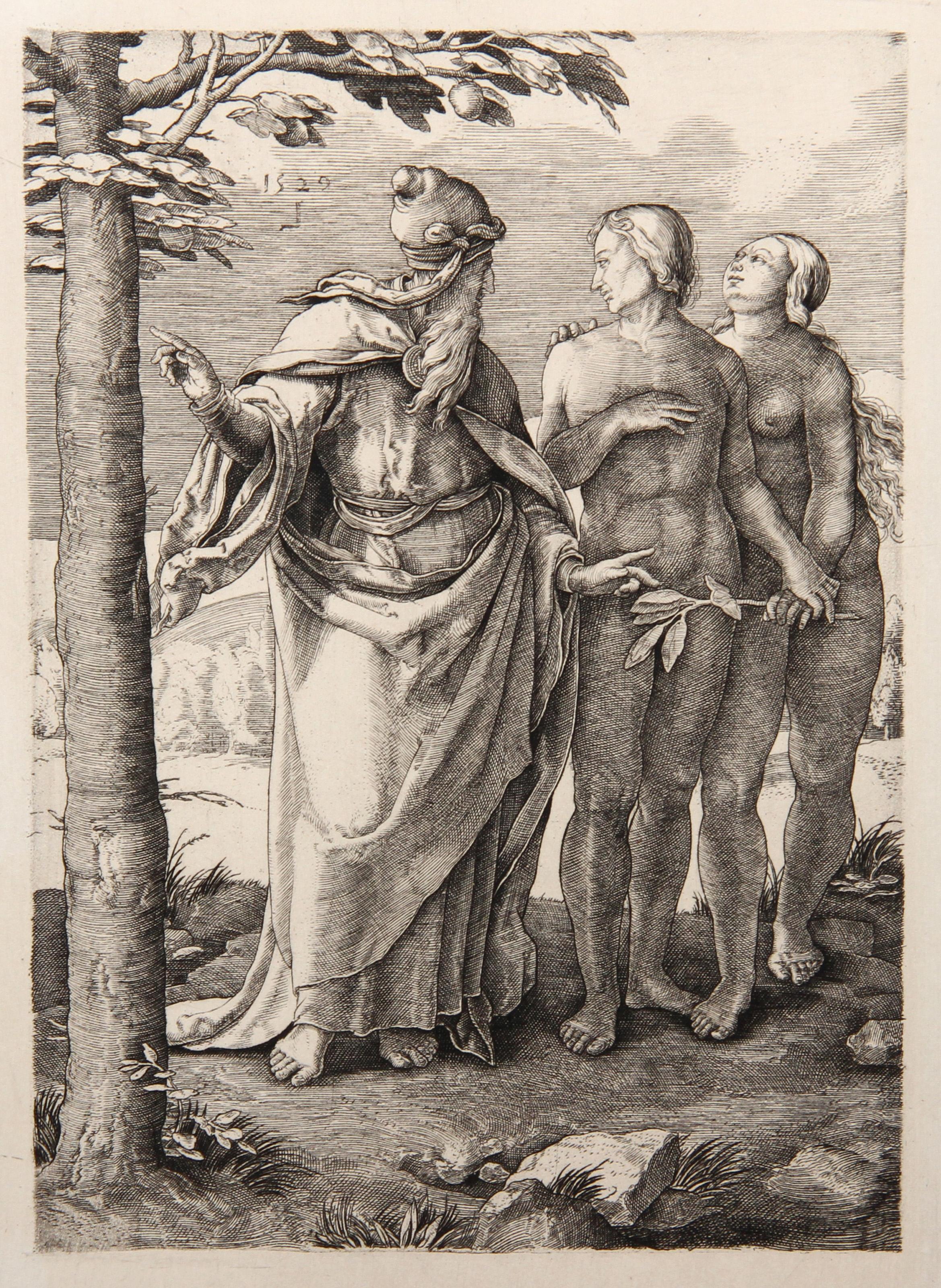 Lucas van Leyden Print – Dieu defend a Adam et Eve de toucher au Fruit de l'arbre de Vie, Heliogravur