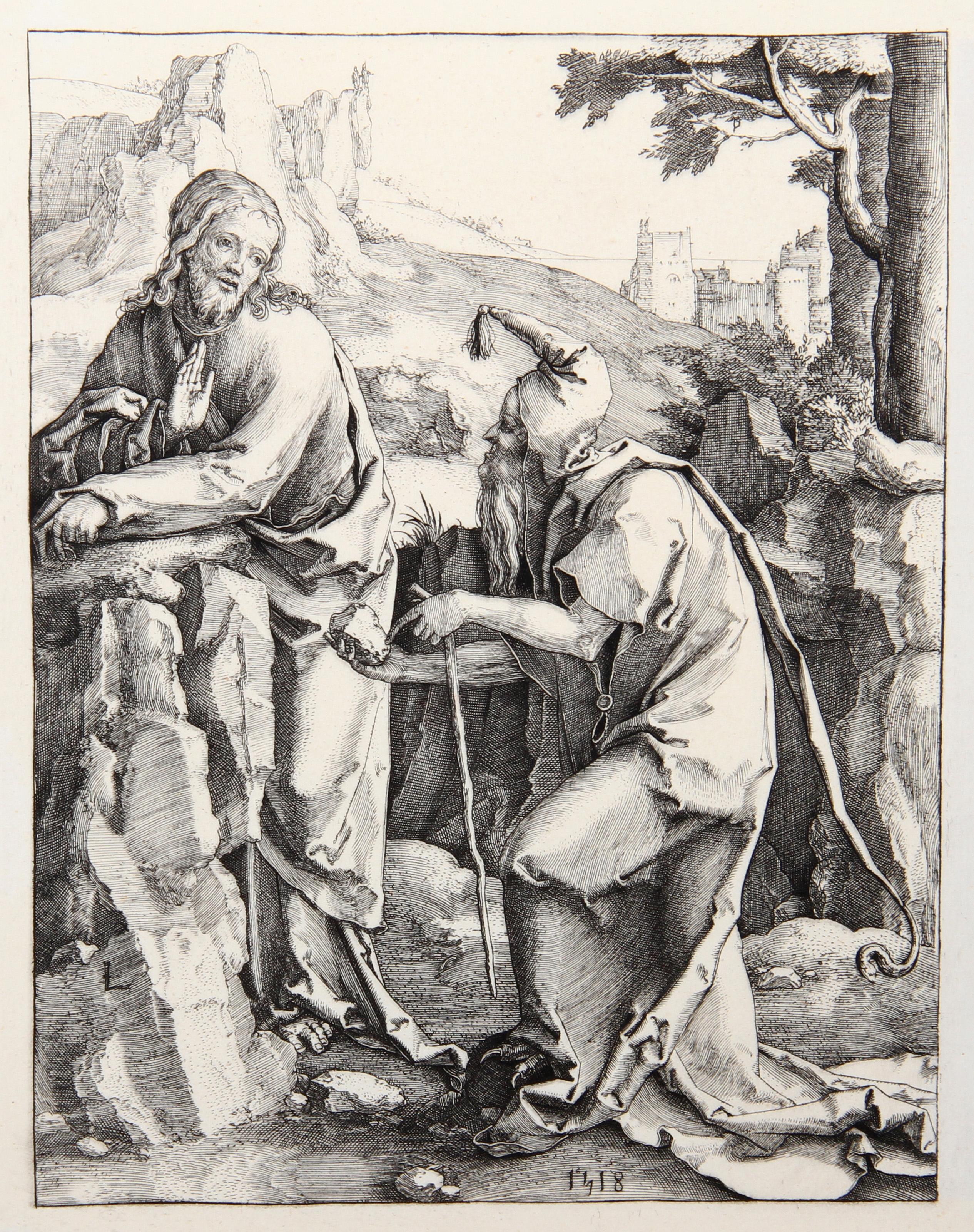 Artistics : Lucas van Leyden, D'après Amand Durand, Hollandais (1494 - 1533) - Jesus Christ tente par le Demon, Année : 1873, Medium : Héliogravure, Taille : 7.5  x 5.5 in. (19.05  x 13,97 cm), Imprimeur : Amand Durand, Description : Le graveur et