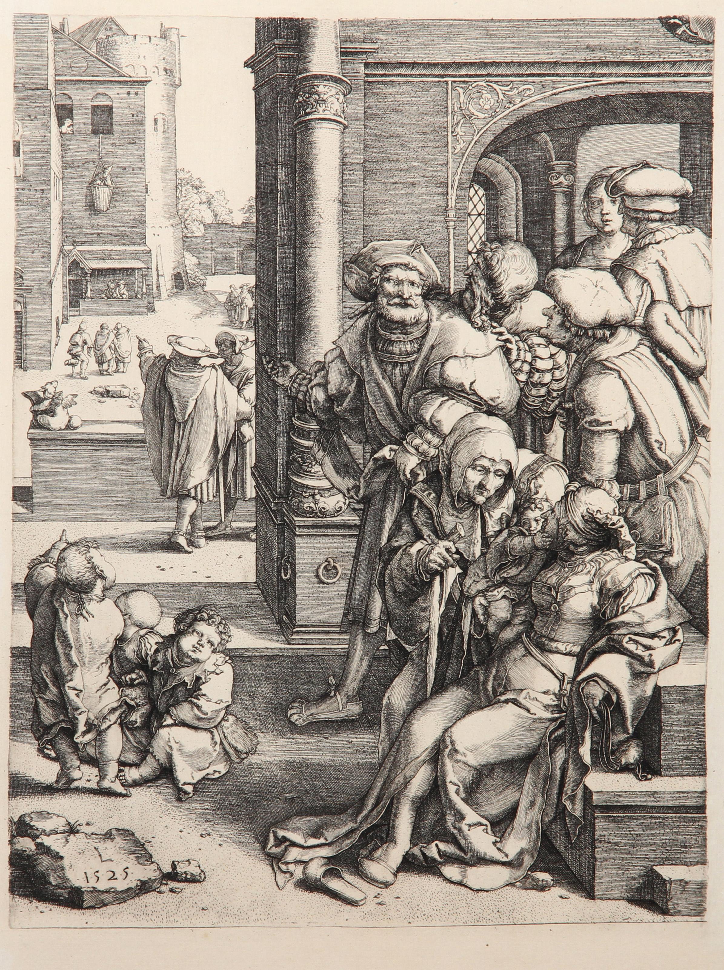 Le Poete Virgile suspendu dans un Panier, Heliogravure by Lucas van Leyden