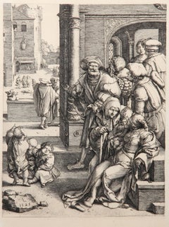 Le Poete Virgile suspendu dans un Panier, Heliogravure de Lucas van Leyden