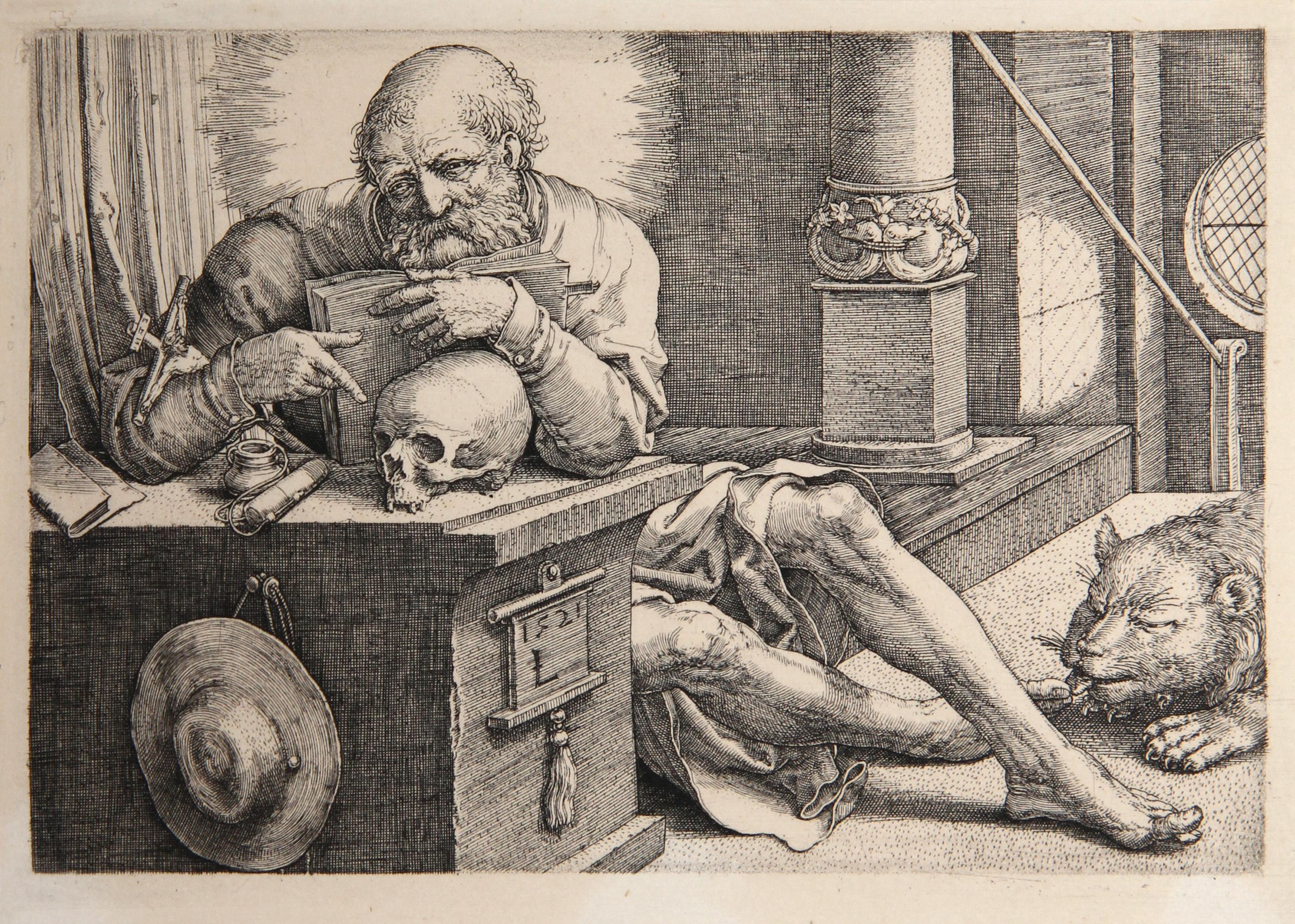 Künstler: Lucas van Leyden, Nach Amand Durand, Niederländer (1494 - 1533) - Heiliger Hieronymus, Jahr: 1873, Medium: Heliogravüre, Größe: 4.5  x 6 in. (11.43  x 15,24 cm), Drucker: Amand Durand, Beschreibung: Der französische Graveur und Maler