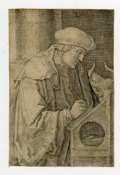 St. Luke writing at a desk by Lucas van Leyden - Engraving - 16th Century