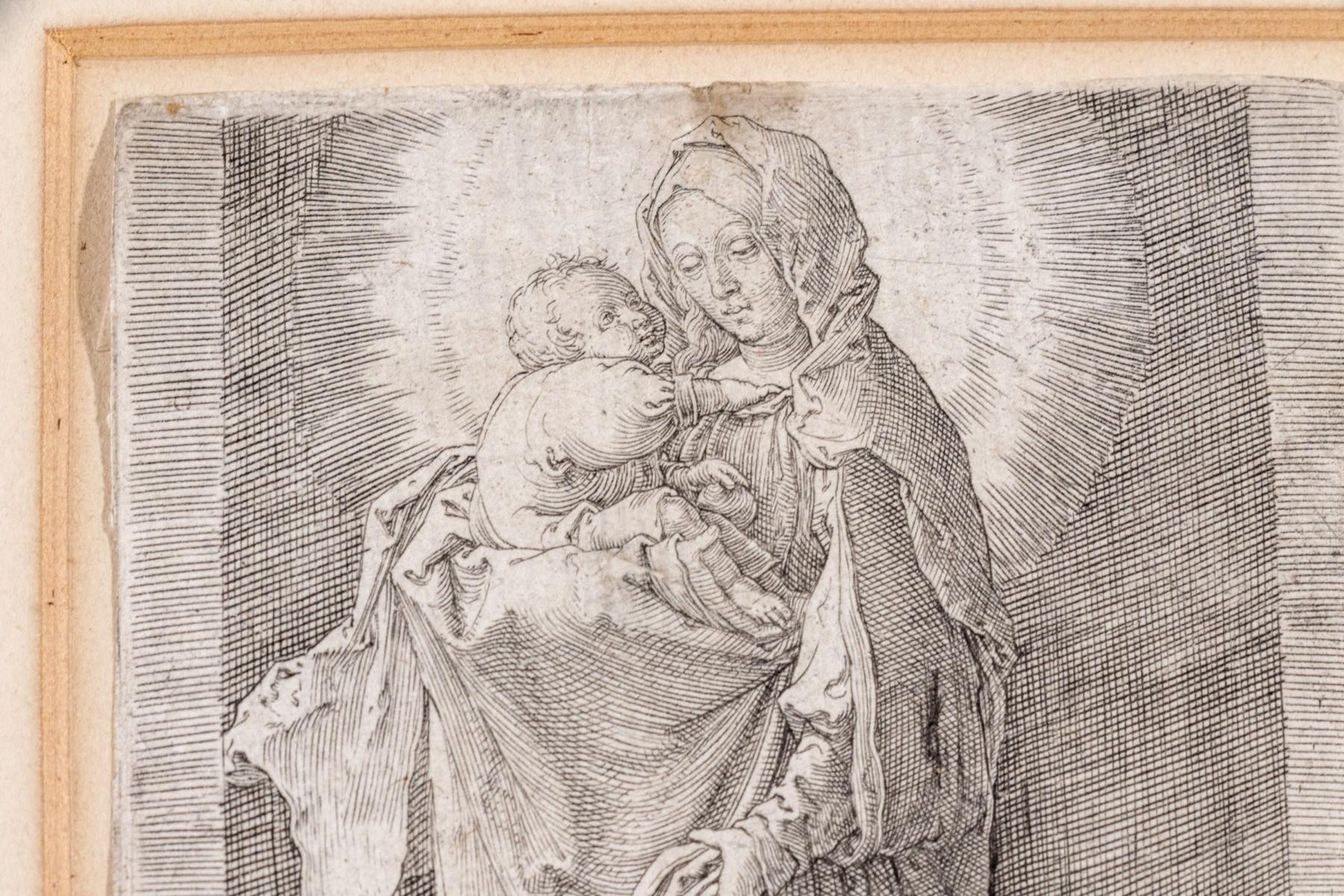 Lucas Van Leyden (1494-1533)

Virgin and Child on a Crescent

Engraving, 1523
120x77 mm; 4 ¾ x 3 1/8 inches, thread margins
frame : 16 x 11 in.

Note : very good, dark clean impression of this extremely scarce engraving.
only 14 other impressions