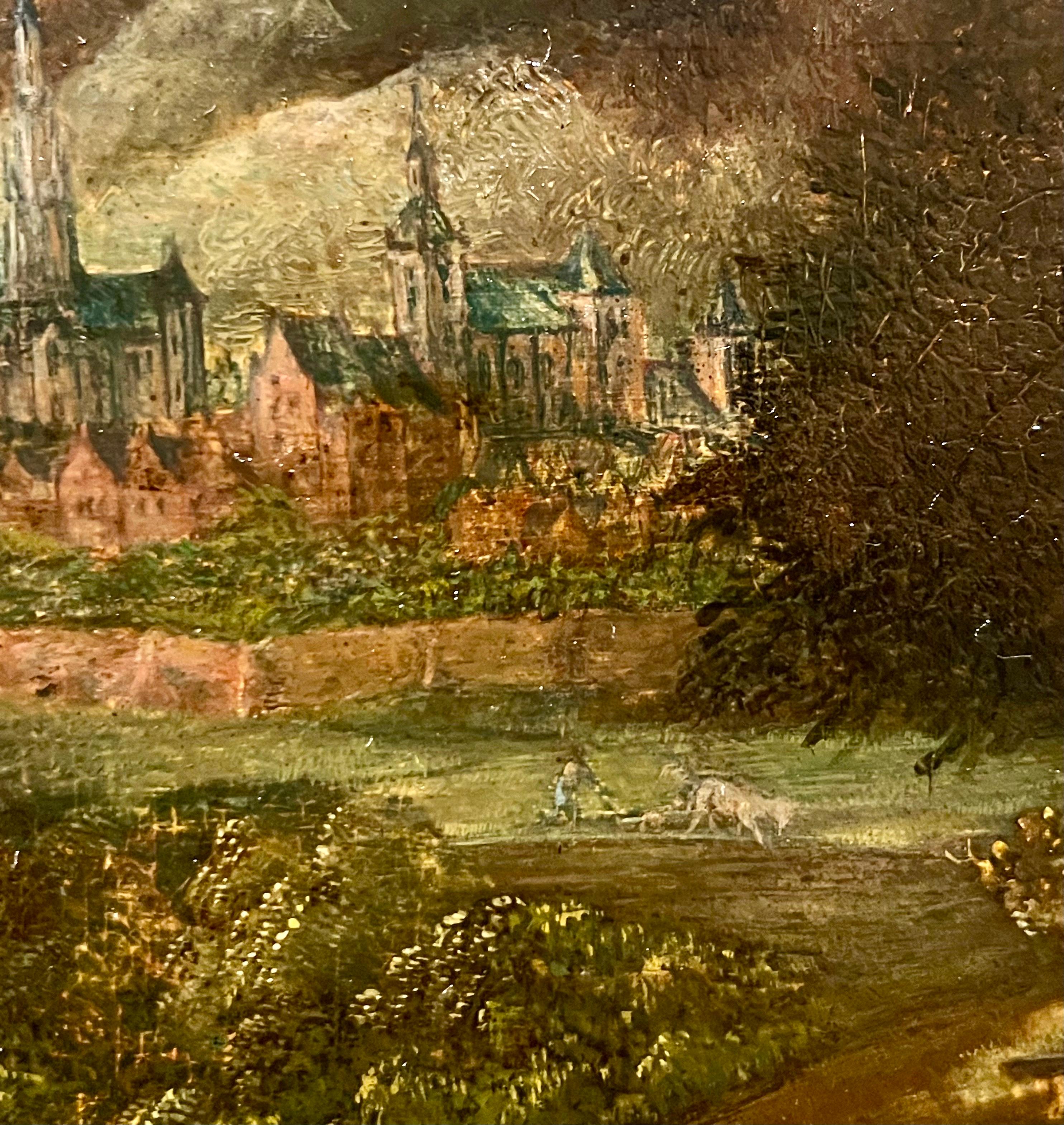 17th century Flemish Old Master painting - Vast landscape with a fortified town For Sale 4