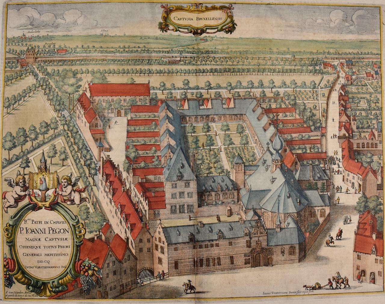 Cartusia Bruxellensis Monastery in Brussels: A 17th C. Hand-colored Engraving - Print by Lucas Vorsterman the Younger