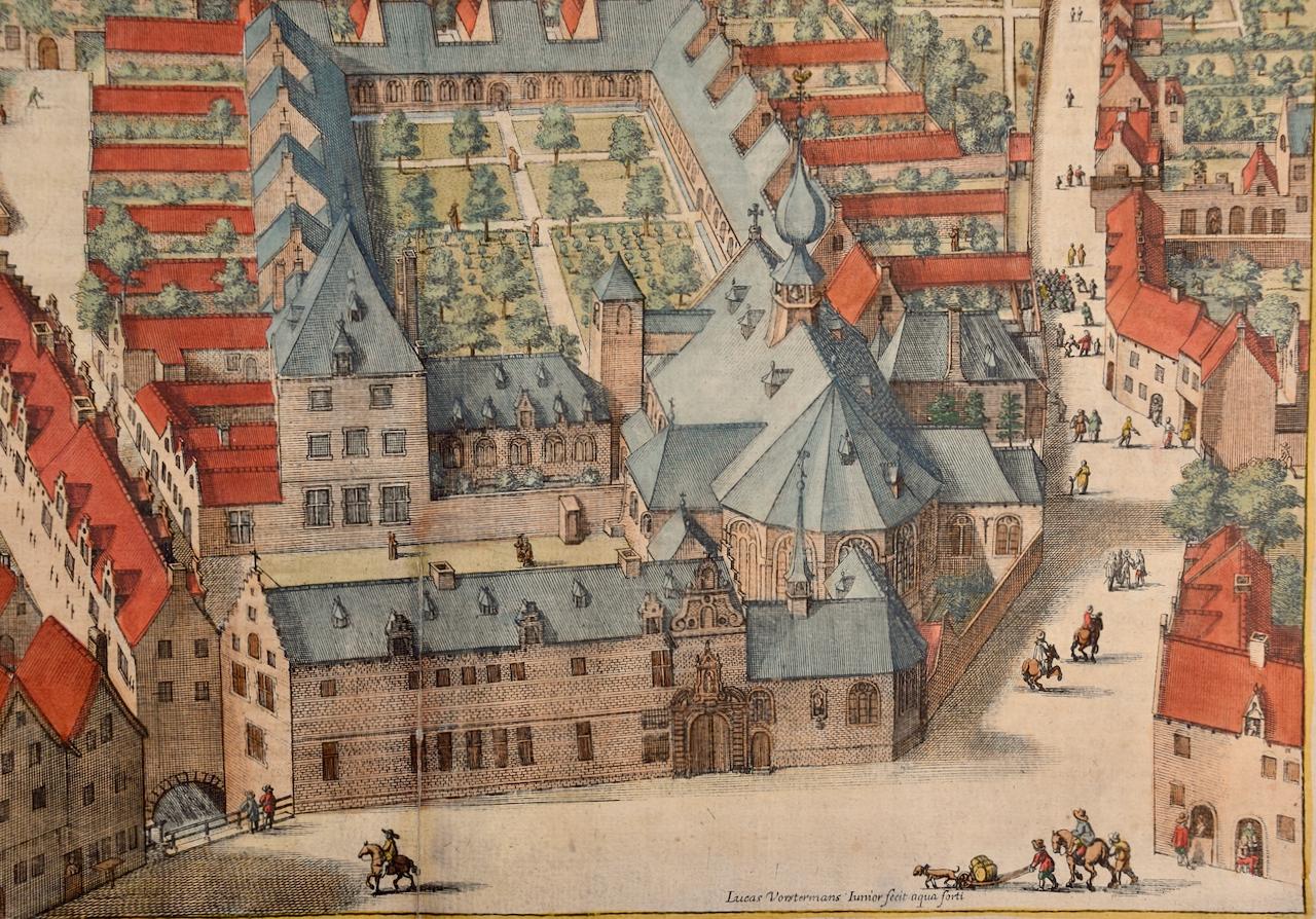 Cartusia Bruxellensis Monastery in Brussels: A 17th C. Hand-colored Engraving - Brown Landscape Print by Lucas Vorsterman the Younger