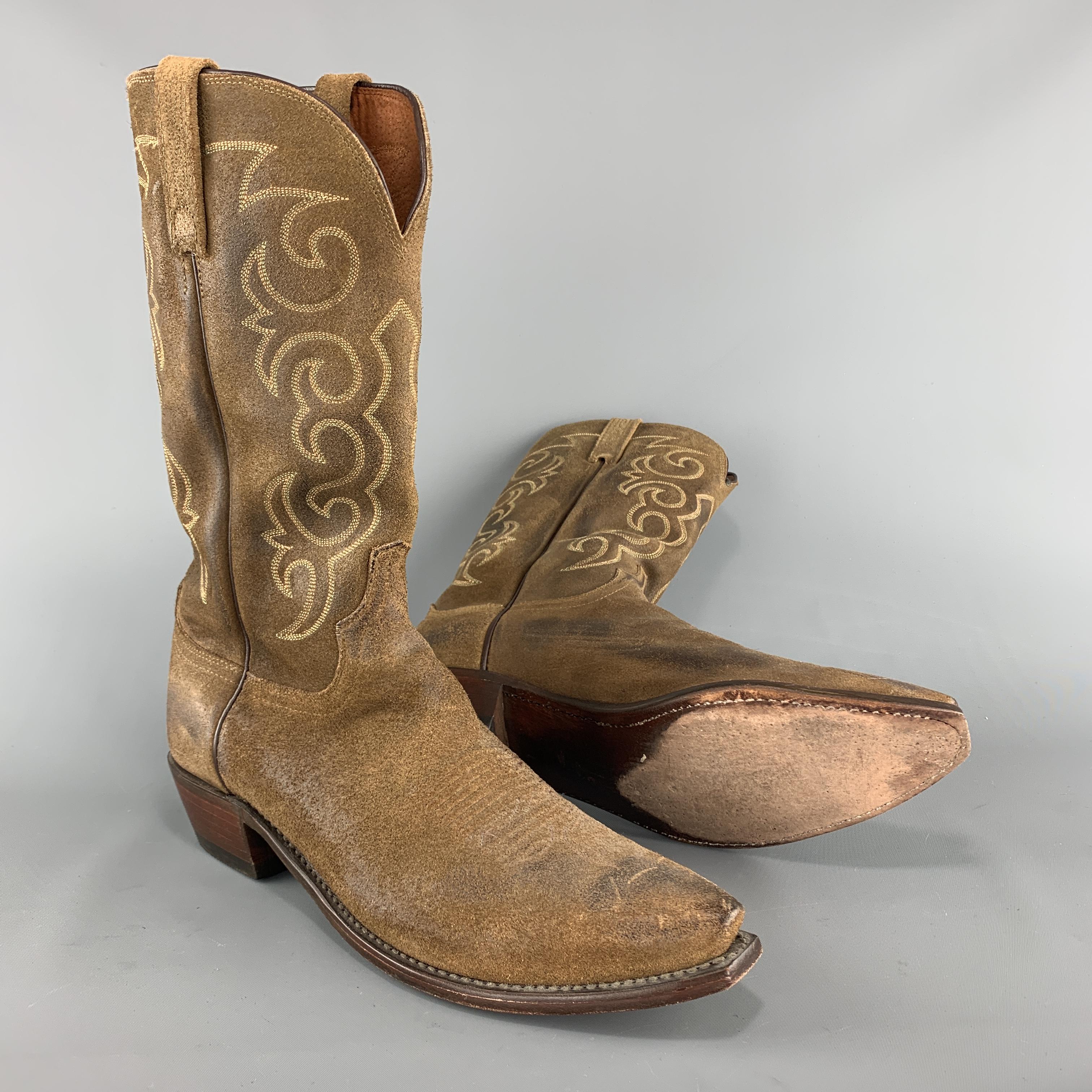 LUCCHESE 1883 Size 10.5 Brown Embroidered Suede Cowbow Boots In Good Condition In San Francisco, CA