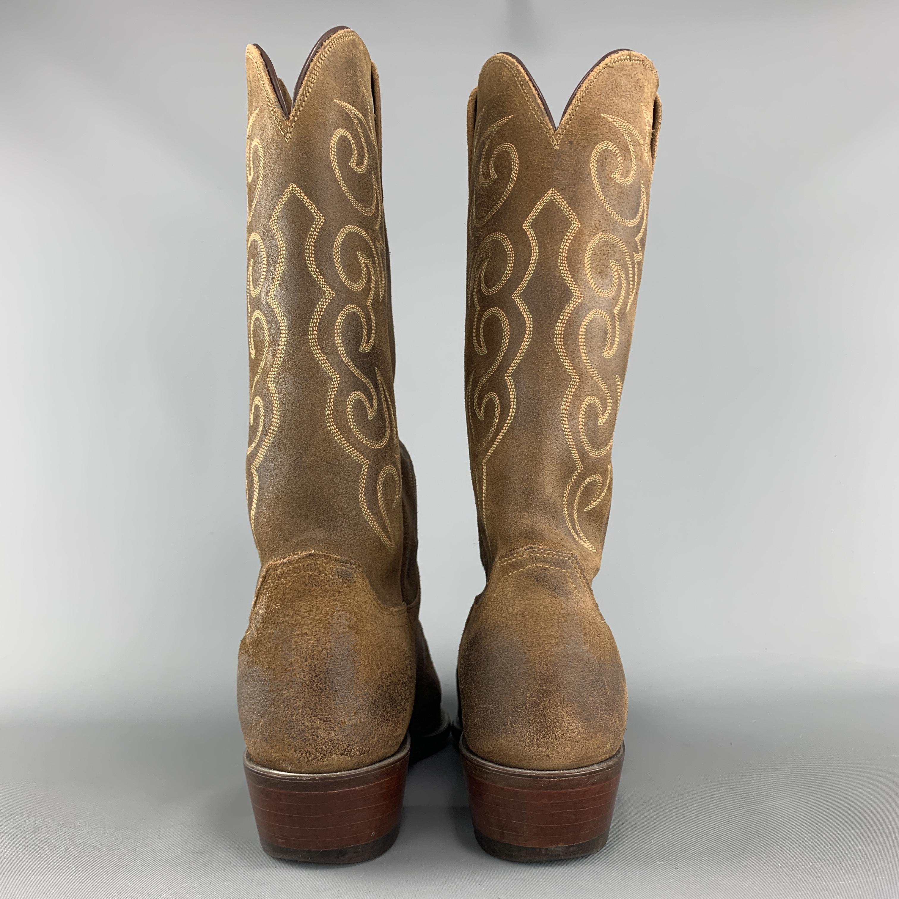 LUCCHESE 1883 Size 10.5 Brown Embroidered Suede Cowbow Boots 2