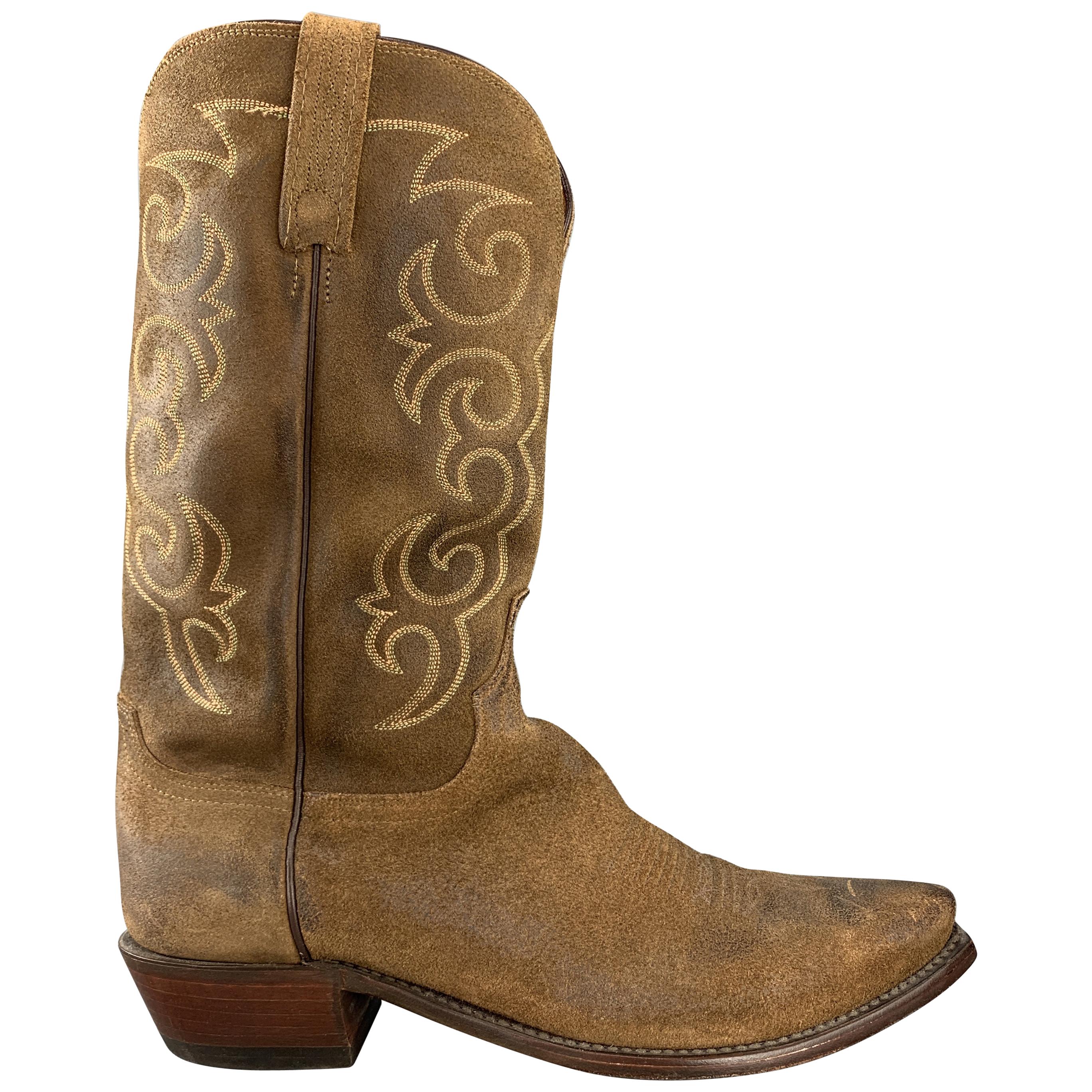 LUCCHESE 1883 Size 10.5 Brown Embroidered Suede Cowbow Boots