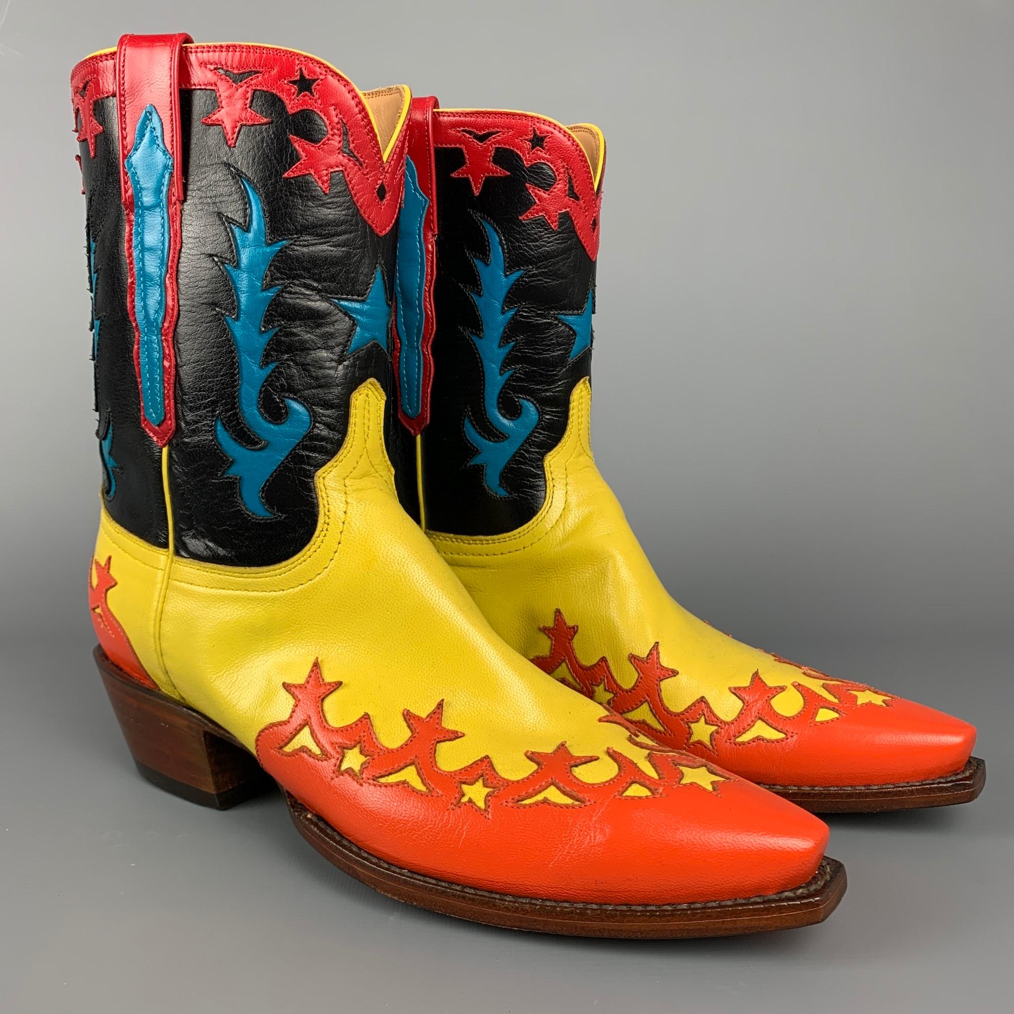 LUCCHESE 2020 custom boots comes in a multi-color applique leather featuring a cowboy style, slip on, pointed toe, chunky heel, and a wooden sole. Handmade in USA.

Very Good Pre-Owned Condition.
Marked: 10.5

Measurements:

Length: 11 in.
Width: