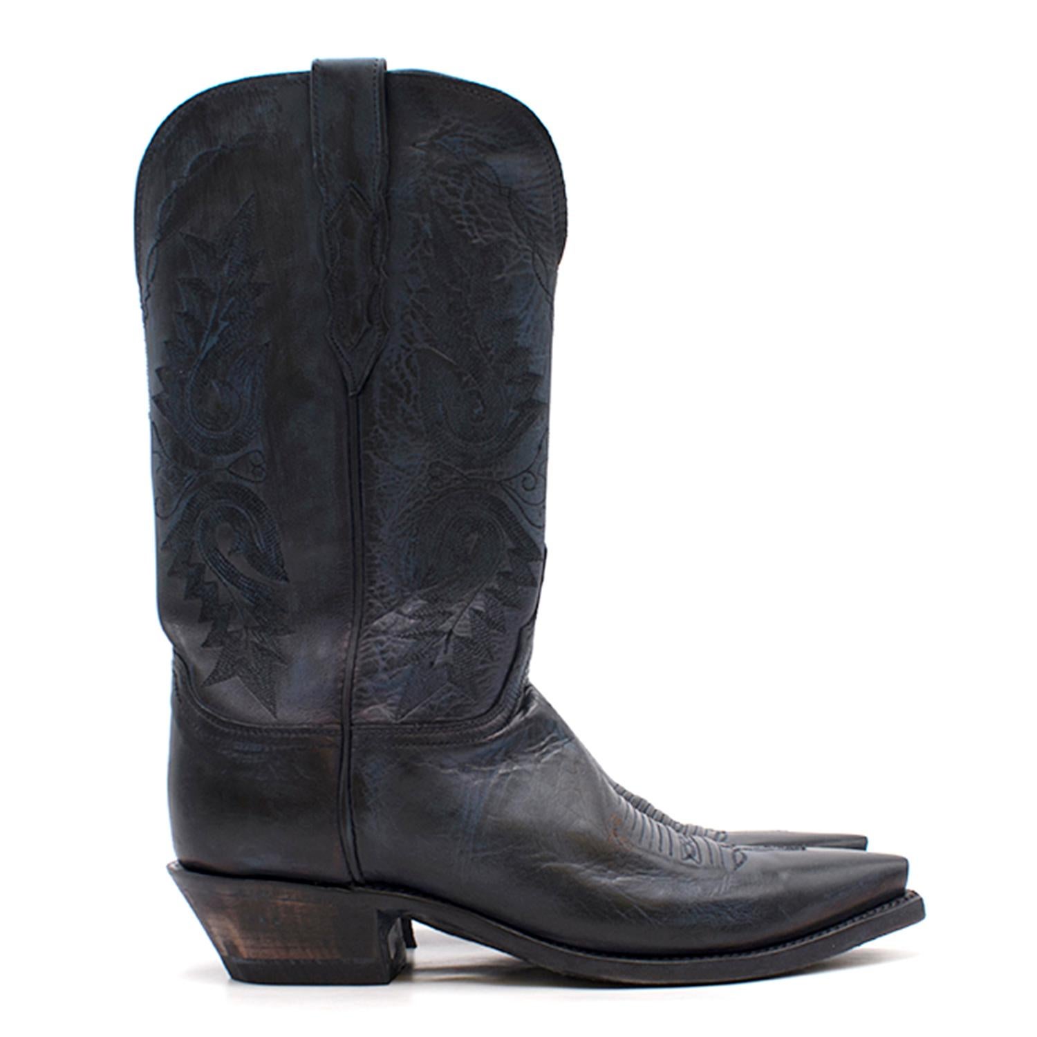 Lucchese Bootmaker Pointed Blue Leather Western Boots

- Pointed toe with a squared finish
- Slanted chunky heel with a distressed finish
- Calf-height
- Pull-on style
- Distressed style blue leather
- Pull tabs on either side at the boot opening 
-