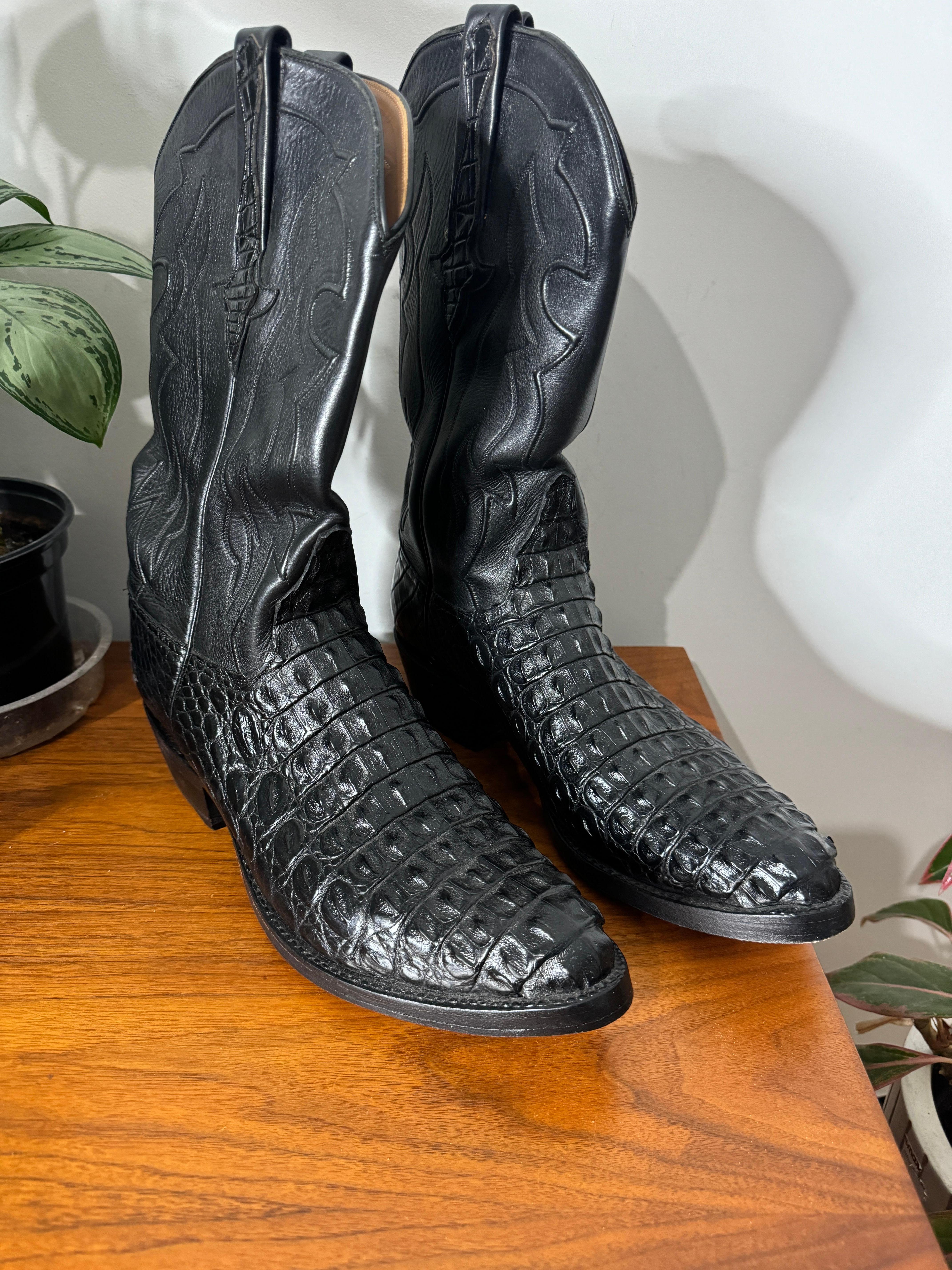 Lucchese Cowboystiefel Handgefertigt Horned Back Alligator - Schwarz 10 D im Angebot 14