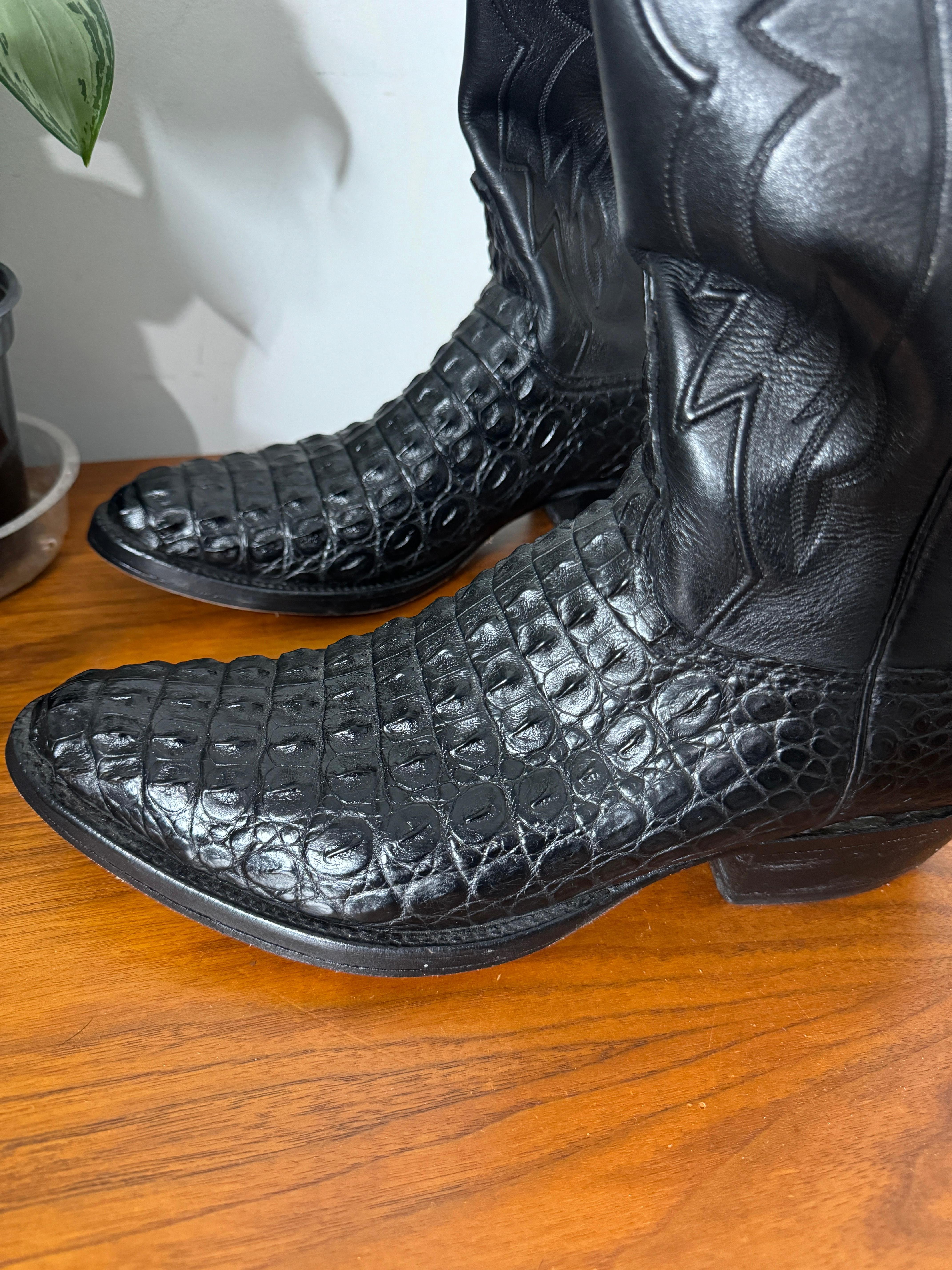 Lucchese Cowboystiefel Handgefertigt Horned Back Alligator - Schwarz 10 D im Angebot 16