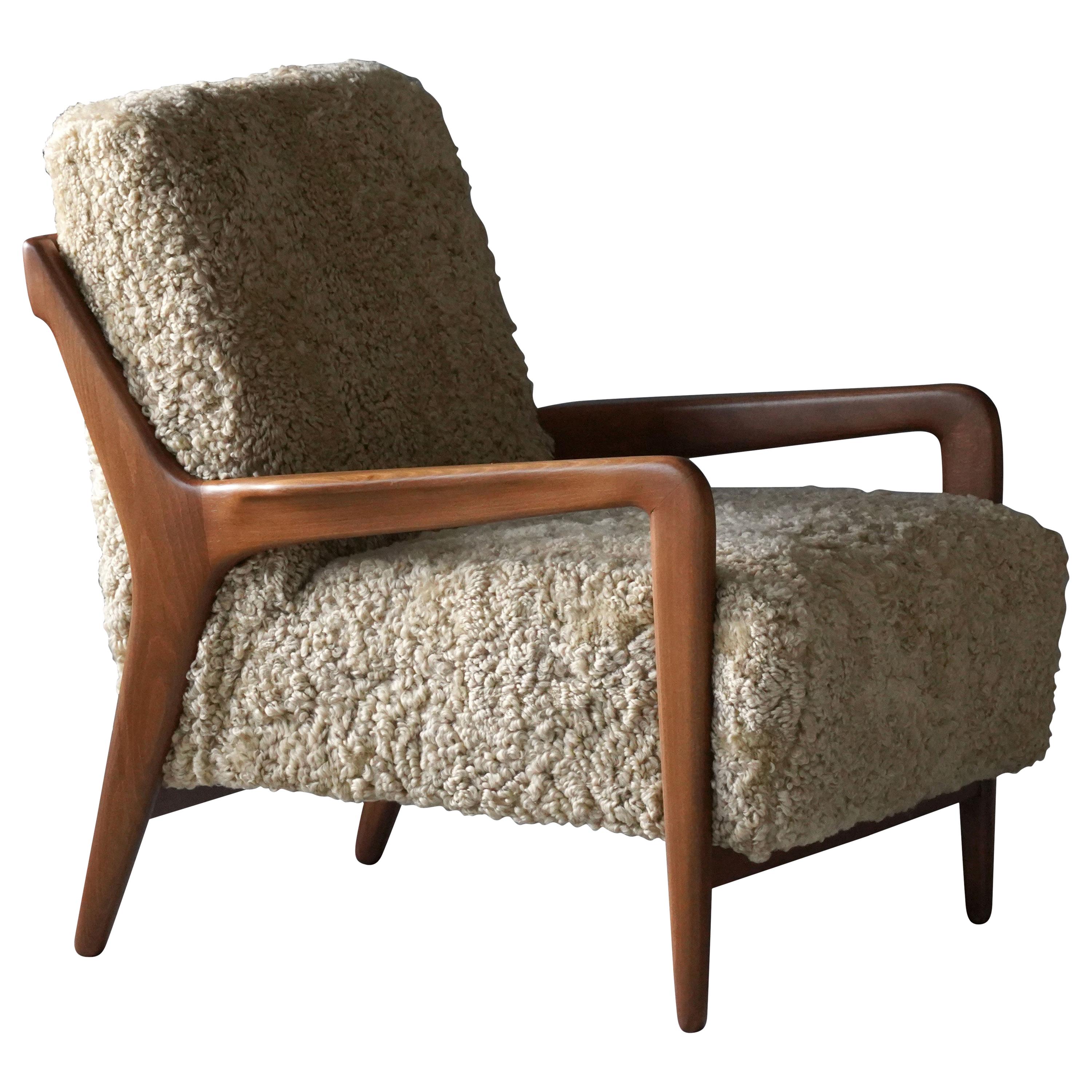 Lucchini & Lissone, Lounge Chair, Stained Beech, Beige Sheepskin, Italy, 1950s
