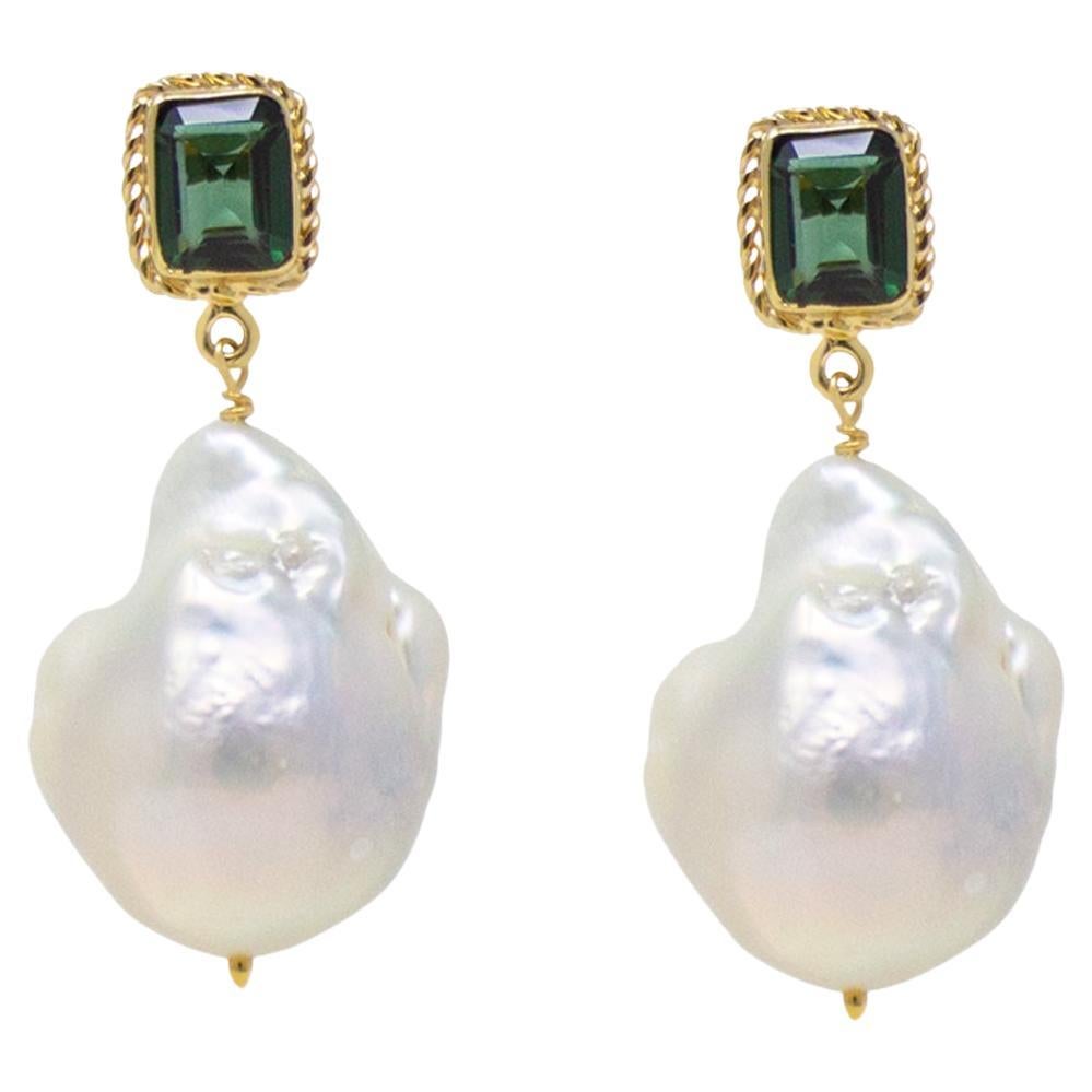 Glitter Gold Vermeil Grüner Quarz und Perlen Ohrringe im Angebot