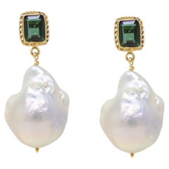 Glitter Gold Vermeil Green Quartz And Pearl And Pearl Earrings