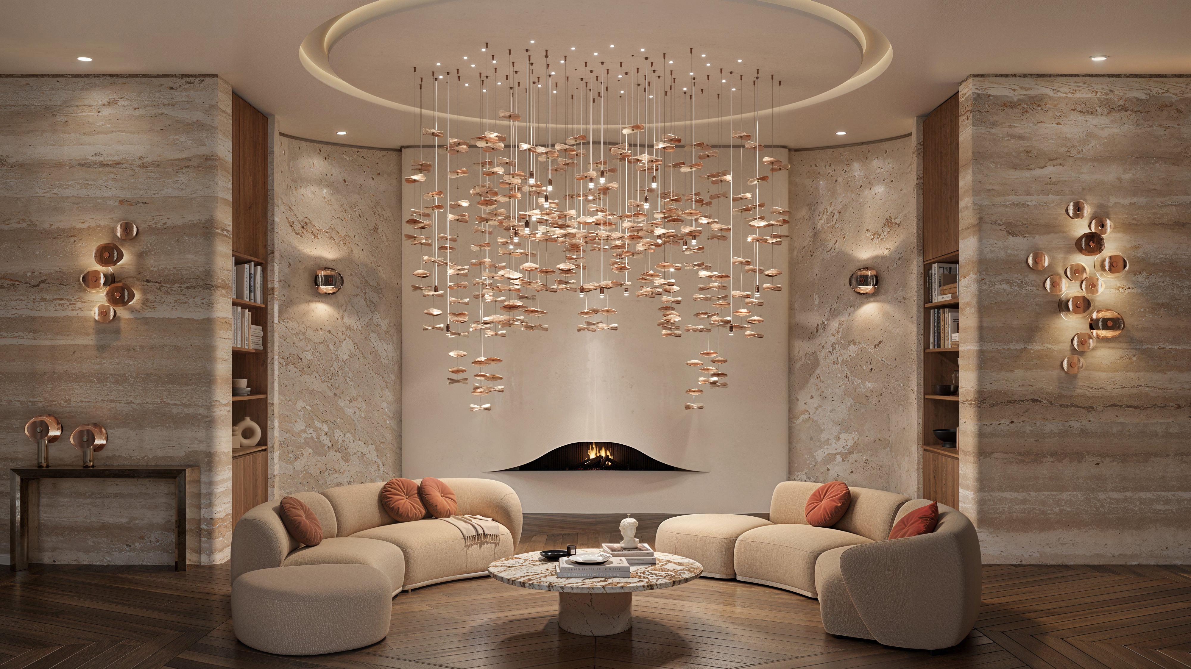 Vertical wall composition of twelve flower elements (four with light, eight decorative). Transparent glass petals, bronze and semi-gloss nickel finish; brushed rose gold metal hardware. 

No.4 flower-elements with LED module for upper and lower
