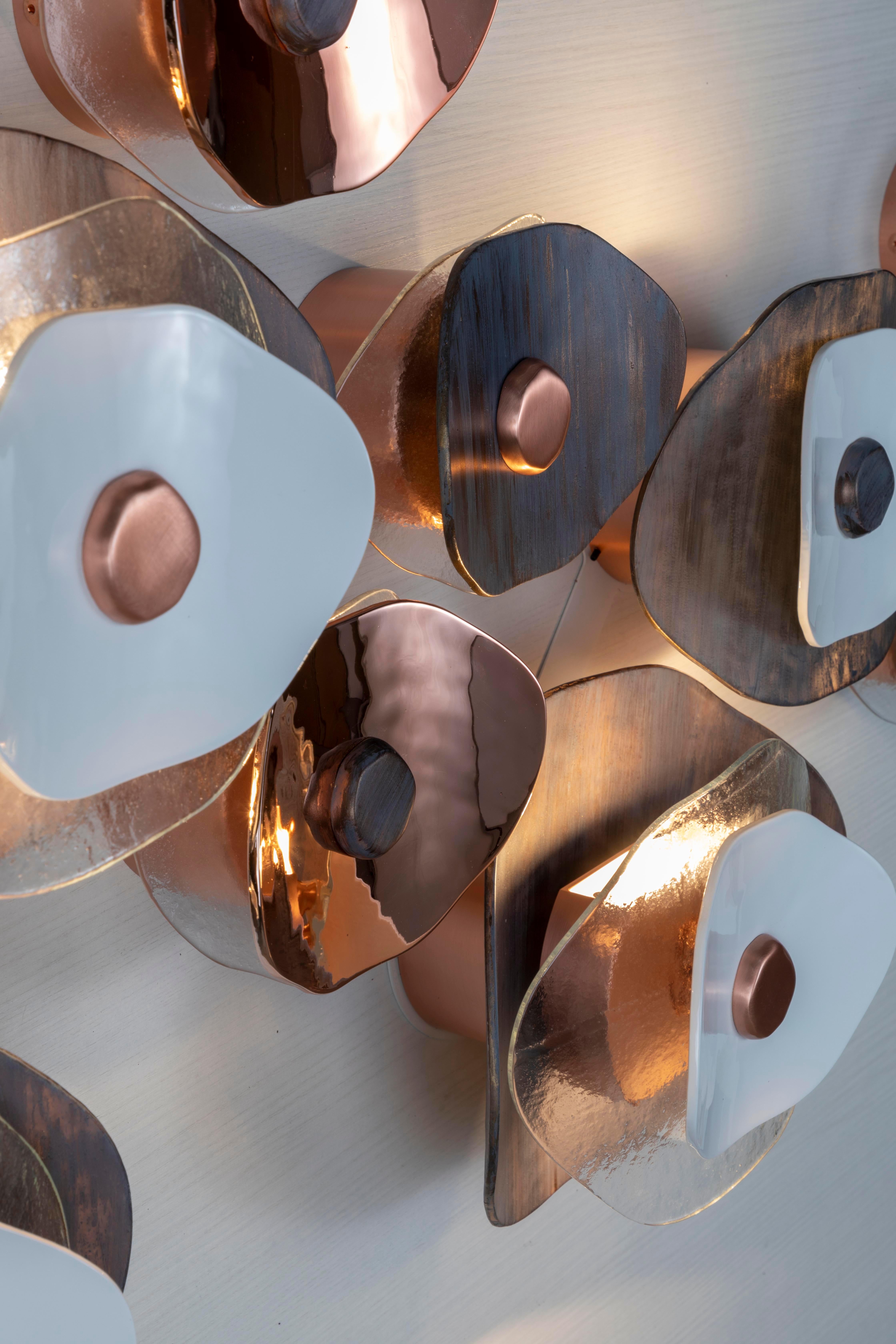 Galvanized Wall light 12 flowers with petals in clear, rose gold, antiqued, white glass For Sale