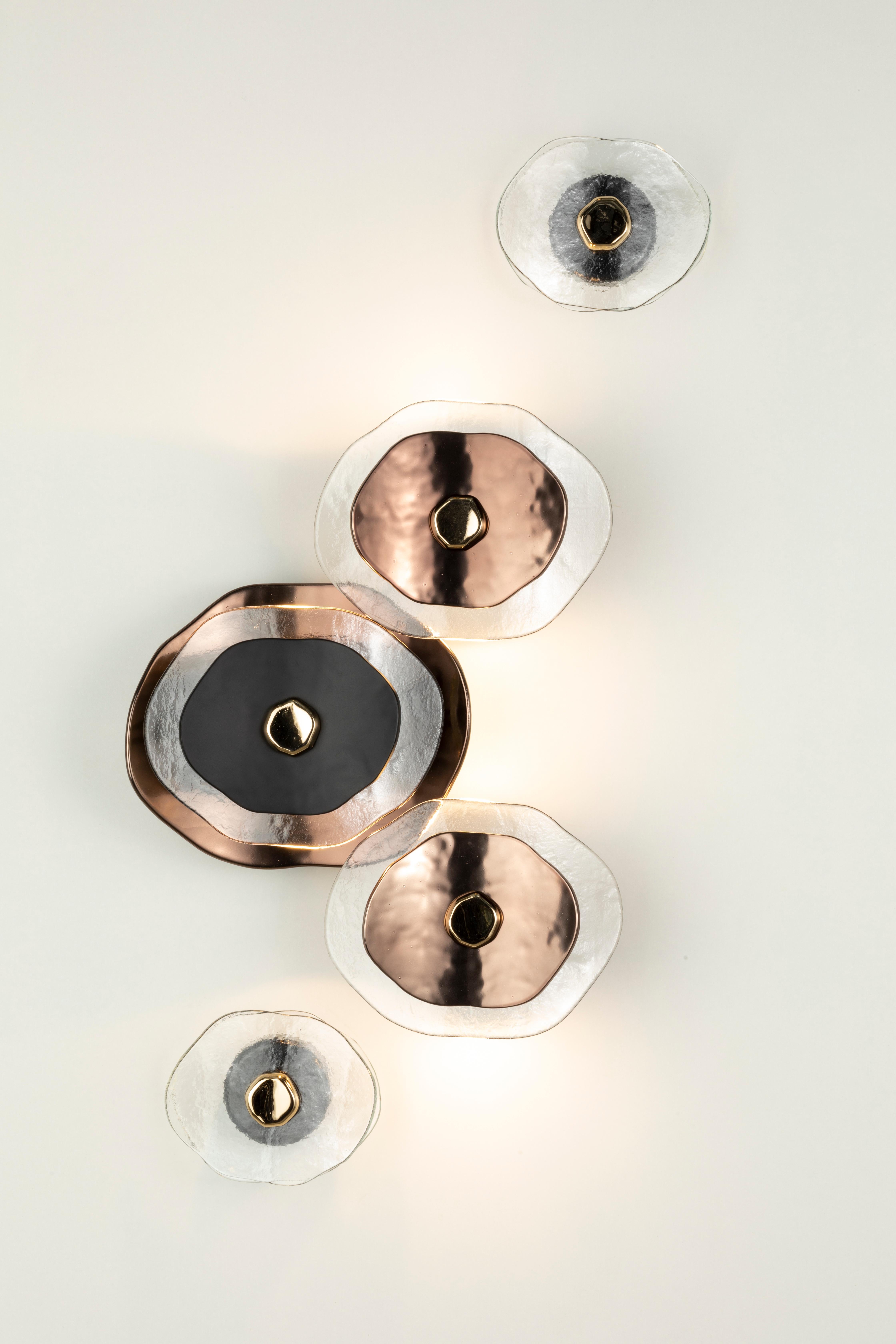 Wall composition of five flower elements (three with light, two decorative). Clear glass petals, semi-gloss bronze and matte black finish, and shiny light gold metal hardware. 

No.3 flower-elements with LED module for upper and lower indirect light