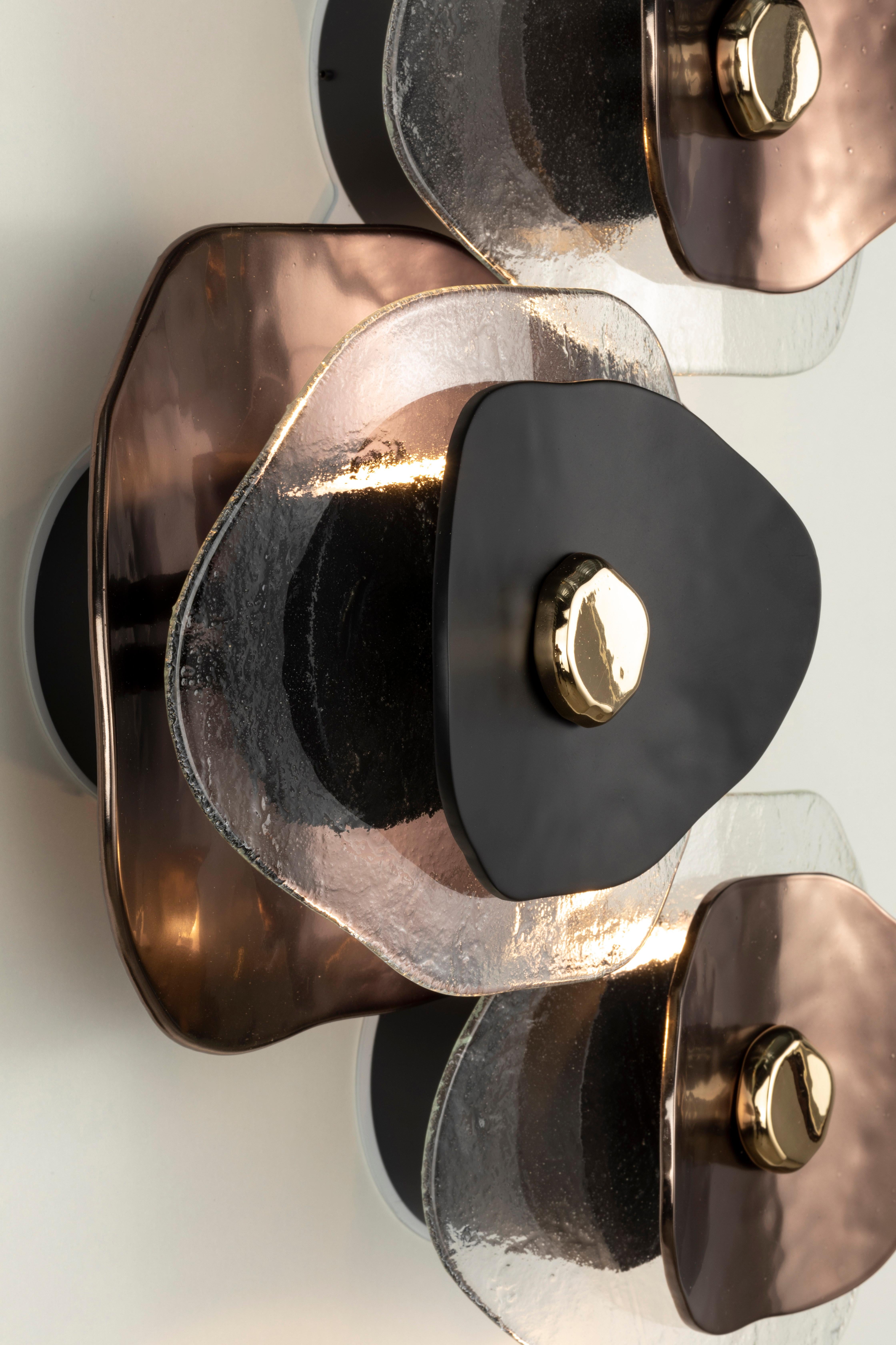 Metal Wall light 5 flowers with petals in clear, bronze and black glass For Sale