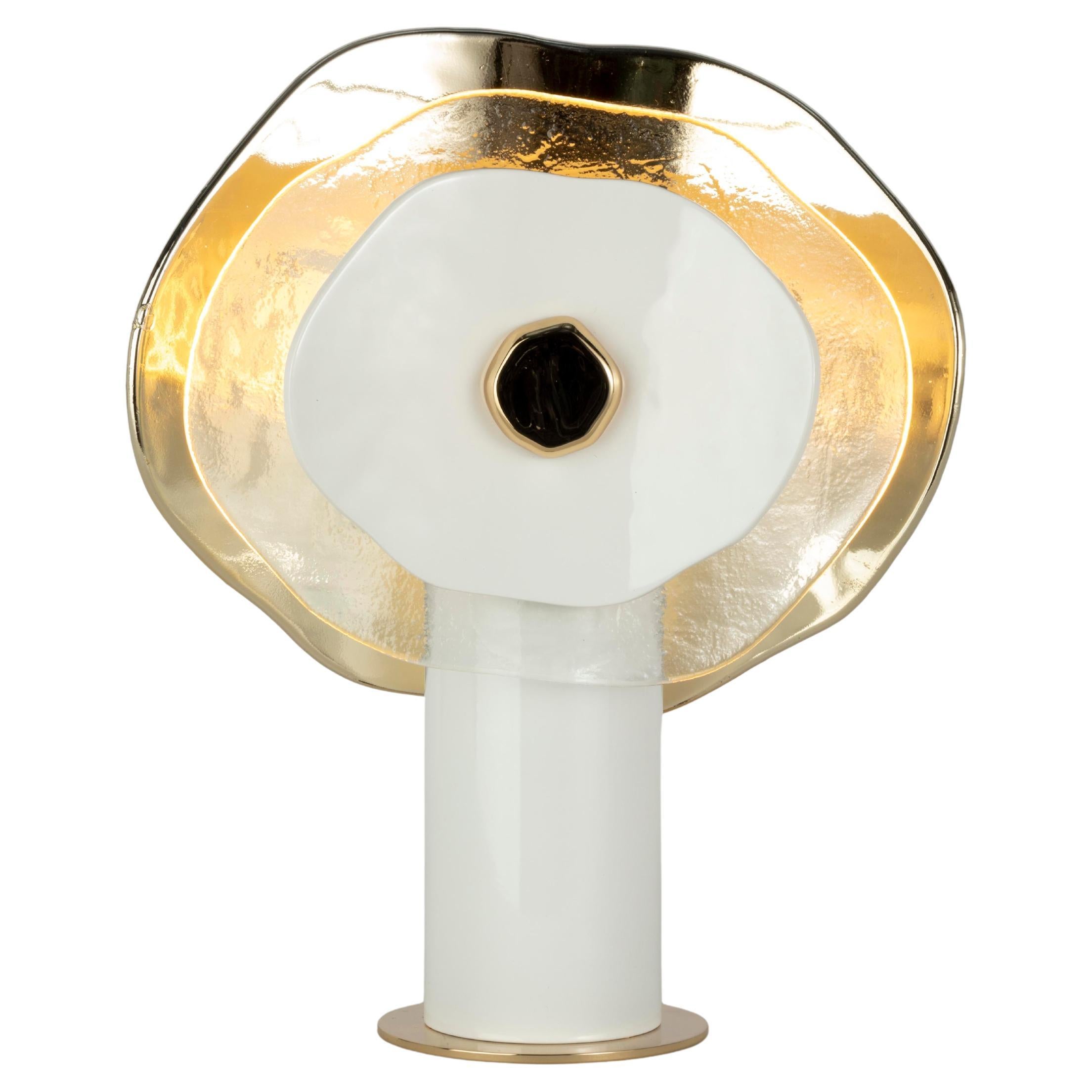 Modern flower table light with petals in clear, gold and white glass