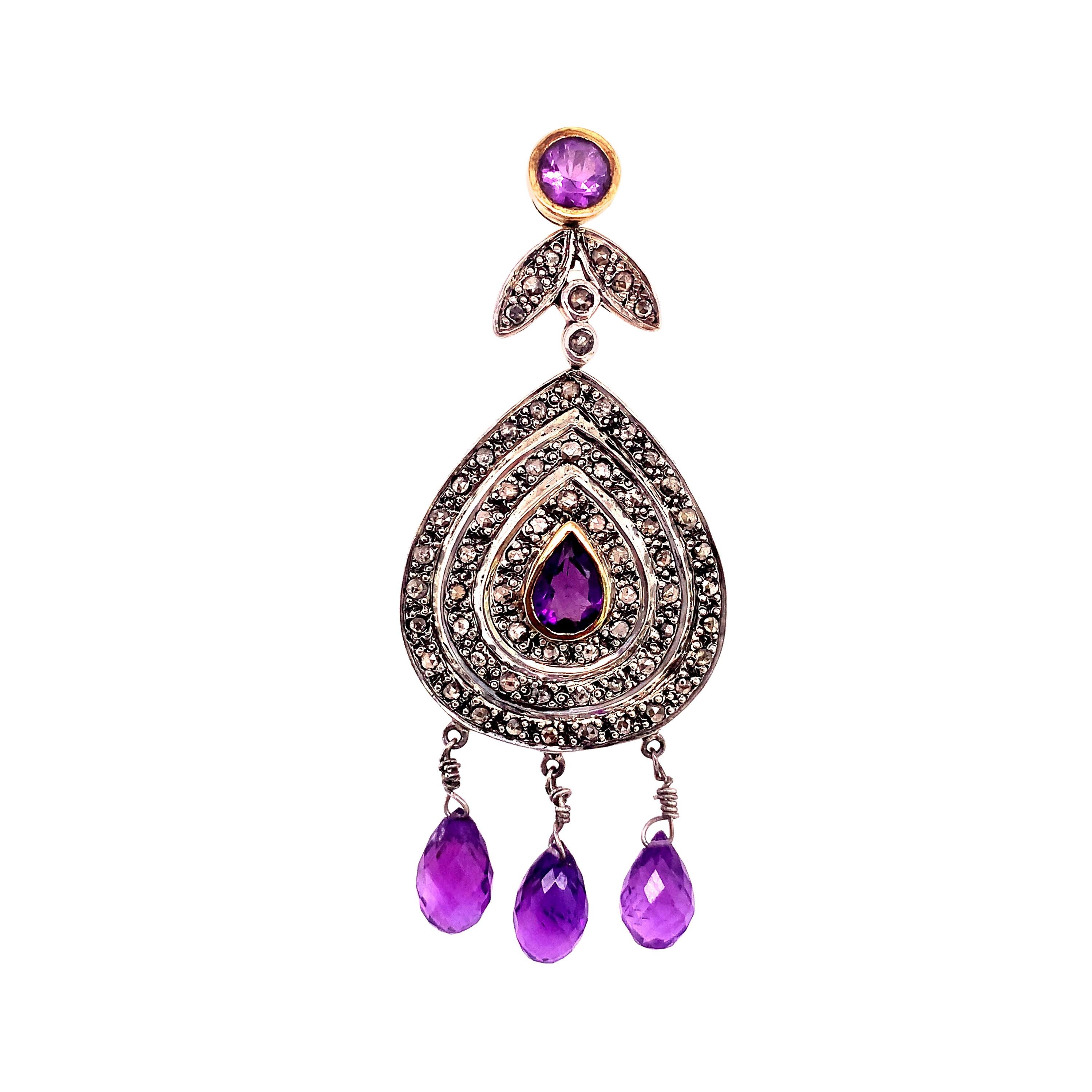 Lucea New York Amethyst and Rustic Diamonds Pendant For Sale