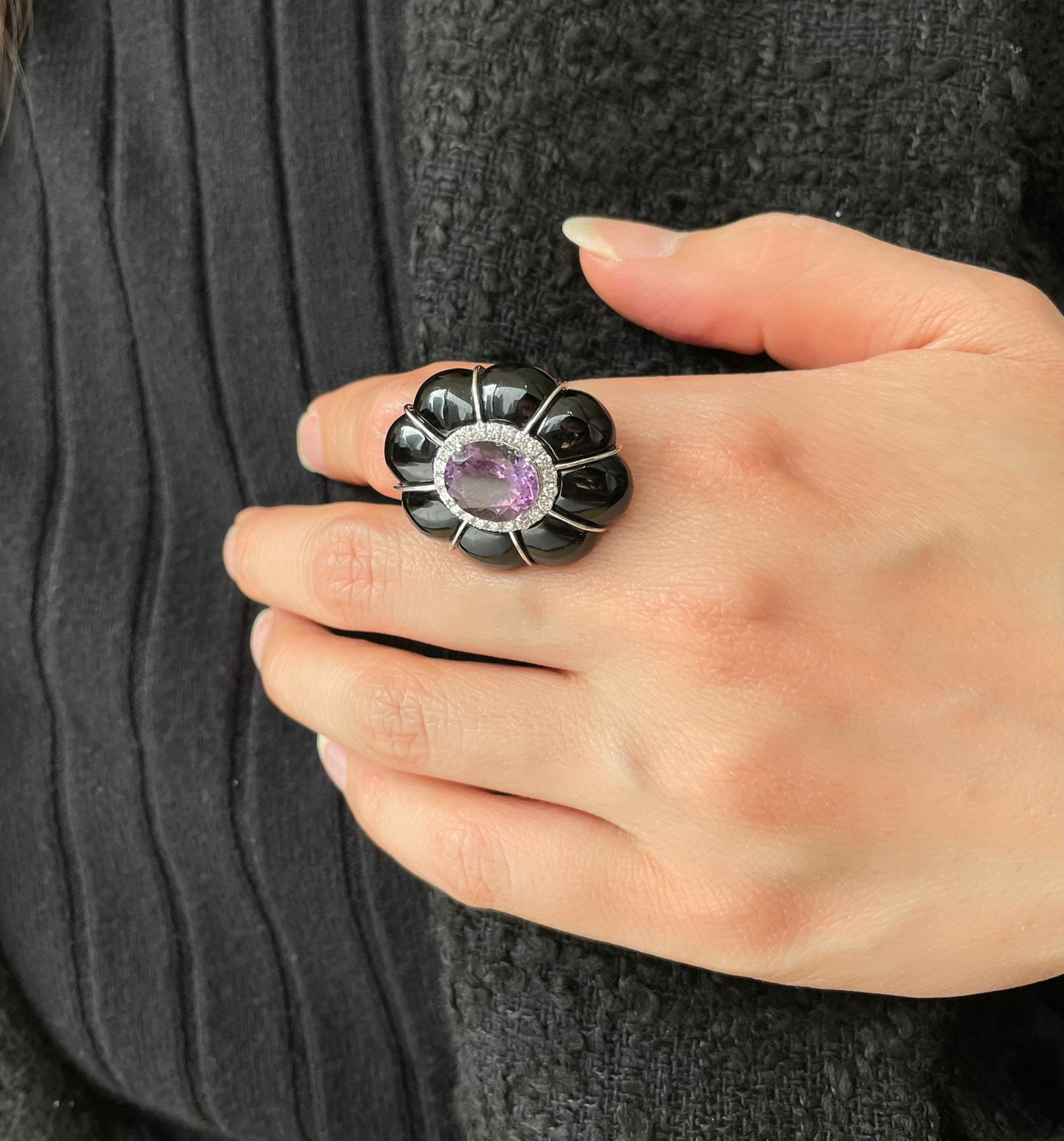 Contemporary Lucea New York Amethyst, Black Onyx & Diamond Ring For Sale