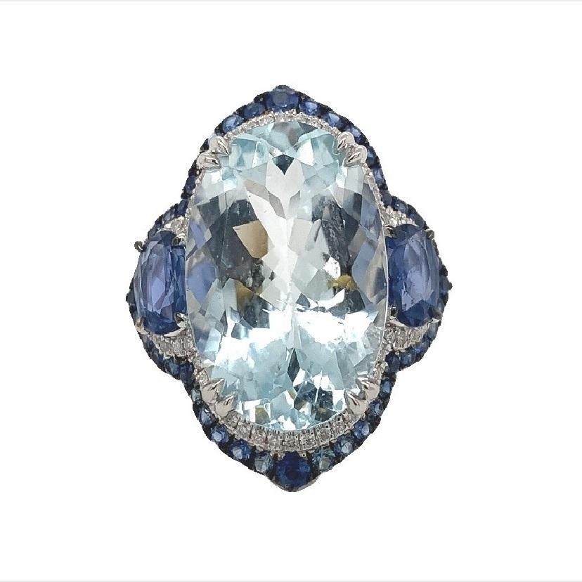 Women's or Men's Lucea New York Aquamarine Blue Sapphire Diamond Ring For Sale