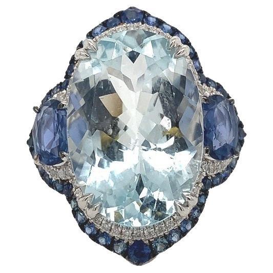 Lucea New York Bague aigue-marine bleue, saphir et diamant
