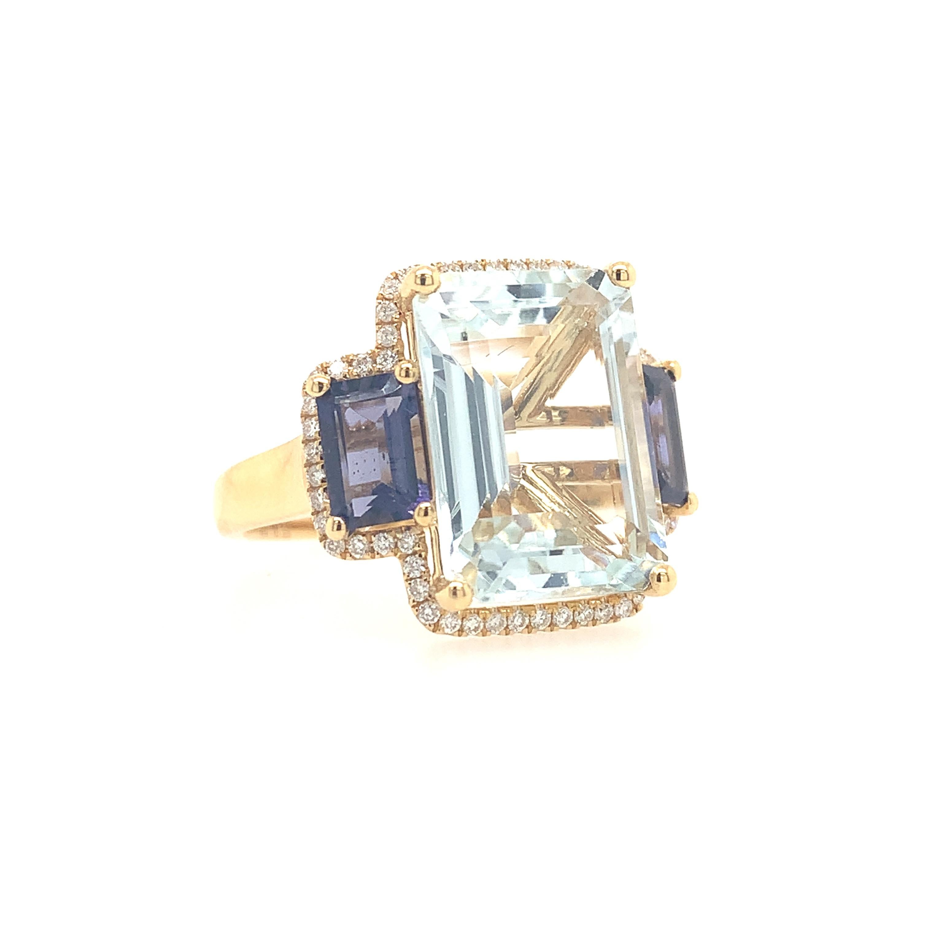 Emerald Cut Lucea New York Aquamarine, Iolite and Diamond Ring For Sale