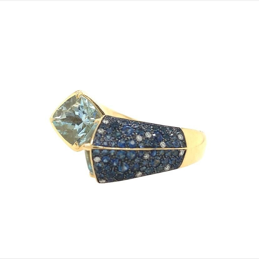 Mixed Cut Lucea New York Aquamarine, Sapphire and Diamond Ring For Sale