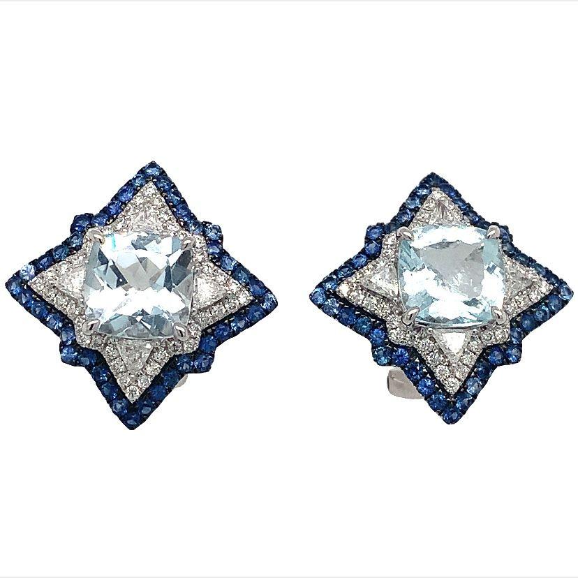Women's or Men's Lucea New York Aquamarine Sapphire Diamond Earrings For Sale
