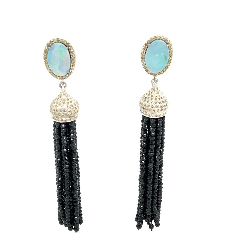 Contemporary Lucea New York Australian Opal with Black Spinal Tassel Earrings For Sale