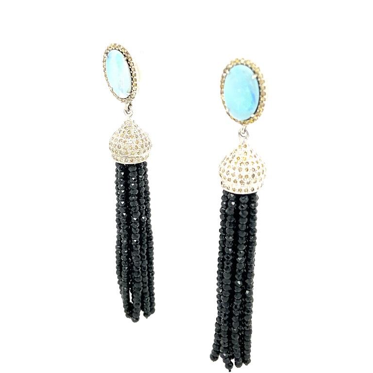 Mixed Cut Lucea New York Australian Opal with Black Spinal Tassel Earrings For Sale