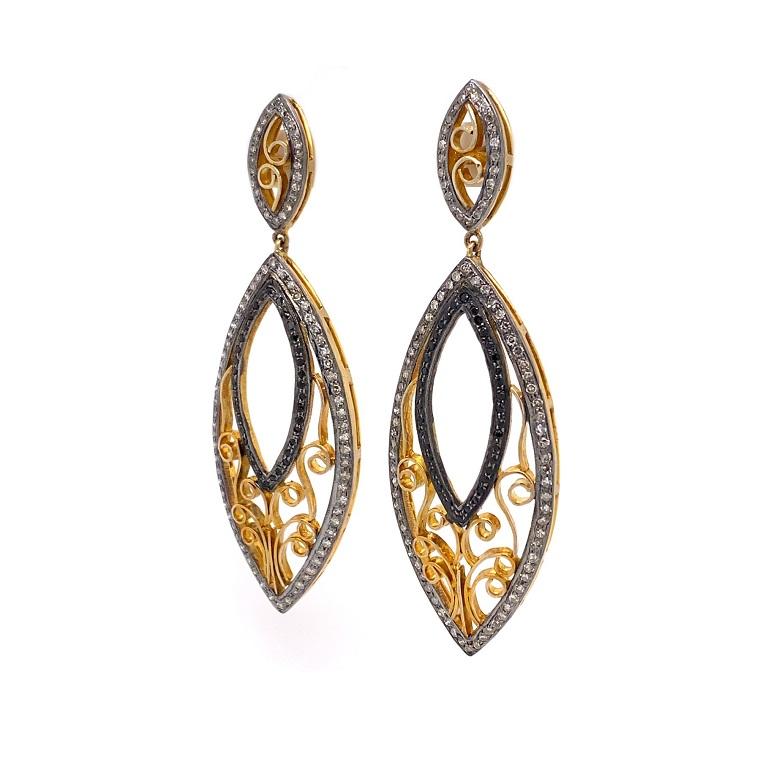 Rustic Collection 

These edgy yet feminine drop earrings feature both black and rustic Diamonds with a swirl motif. Set in sterling silver and 14K gold plating. 
